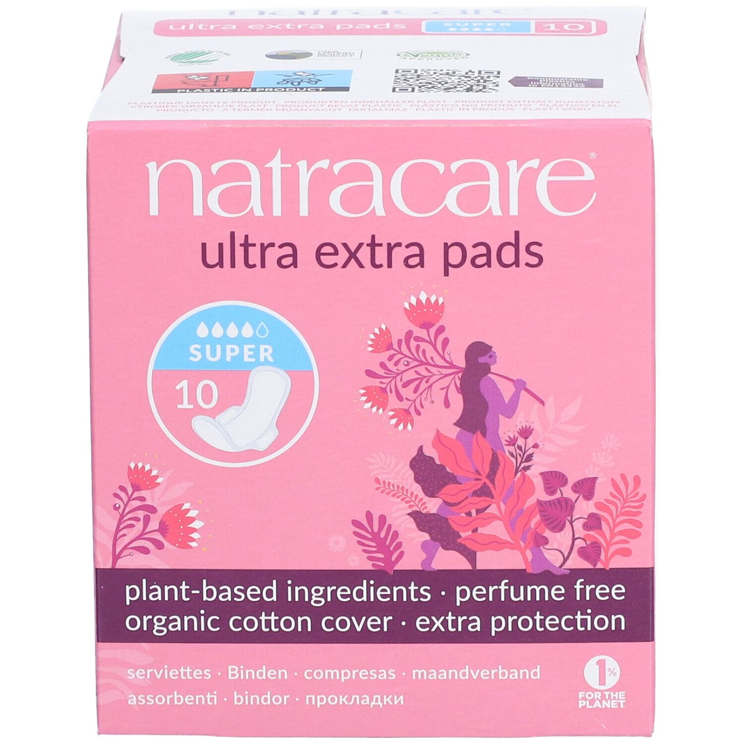 Boîte rose Natracare Ultra Extra Pads. Inscriptions : Super 10, ingrédients végétaux, couverture coton bio, sans parfum, protection extra.