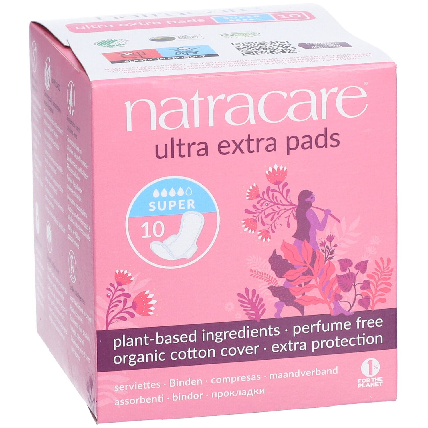 Boîte rose Natracare Ultra Extra Pads. Inscriptions : Super 10, ingrédients végétaux, couverture coton bio, sans parfum, protection extra.