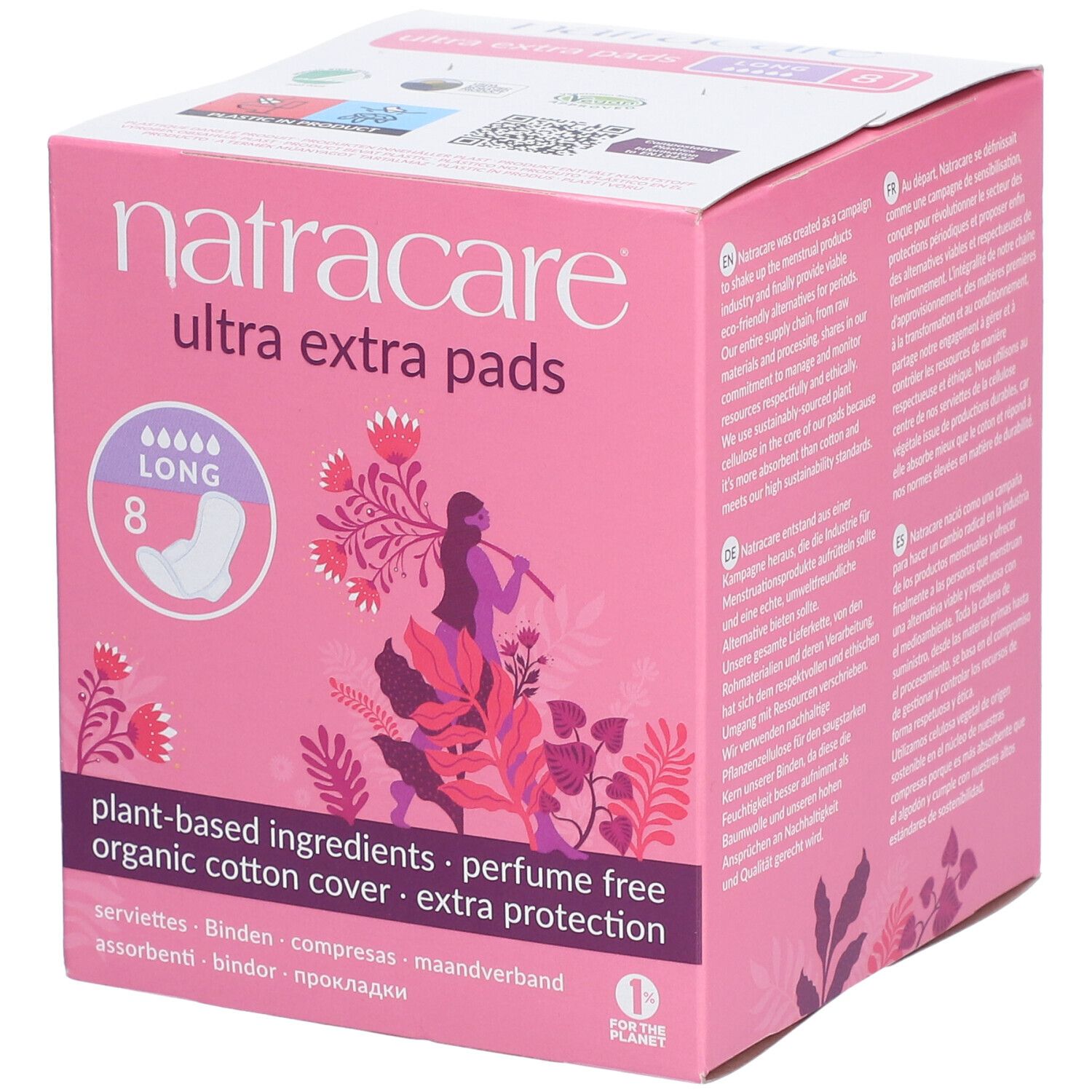 Boîte rose Natracare Ultra Extra Pads. Contient 8 serviettes longues. Ingrédients à base de plantes, sans parfum, surface en coton biologique.