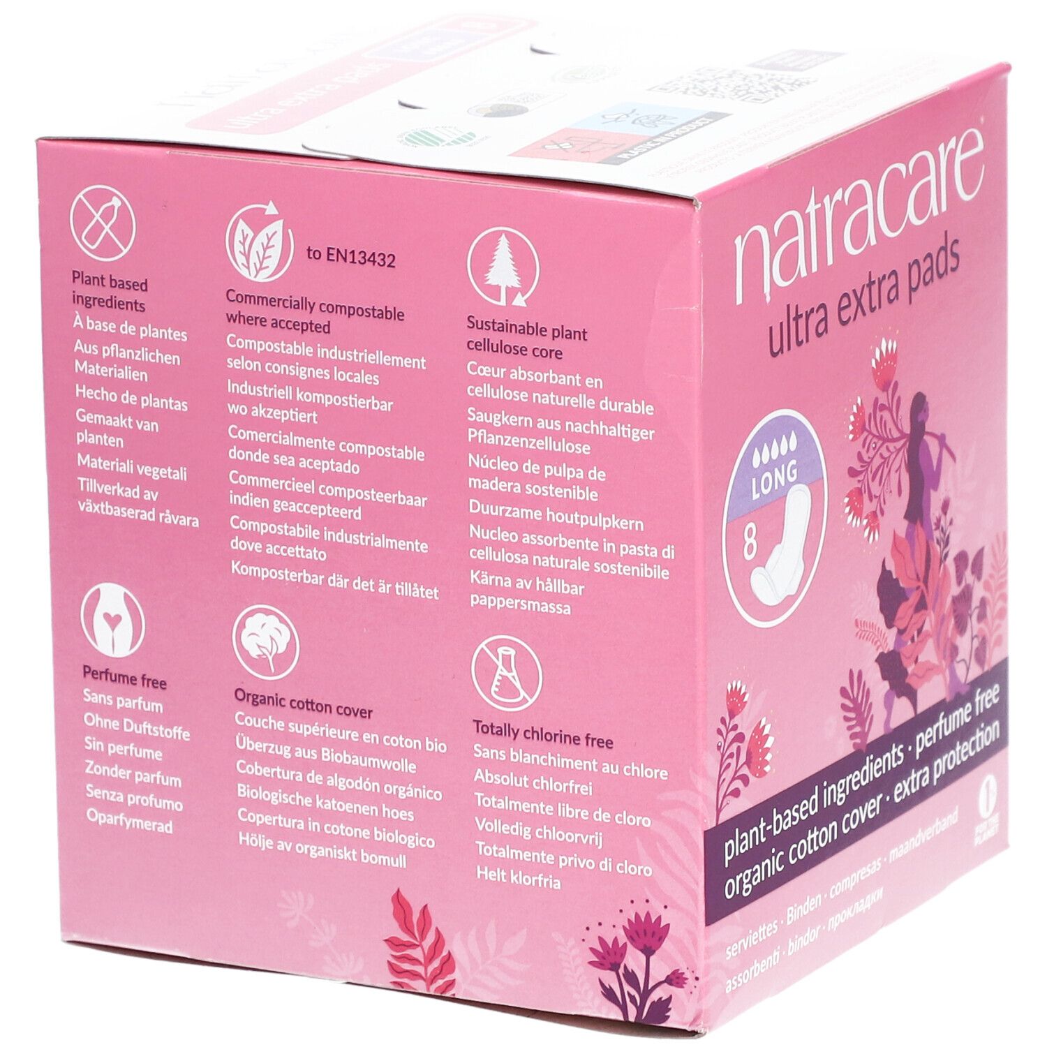 Dos de la boîte rose Natracare Ultra Extra Pads. Texte sur compostabilité, cellulose durable, surface en coton, sans chlore.
