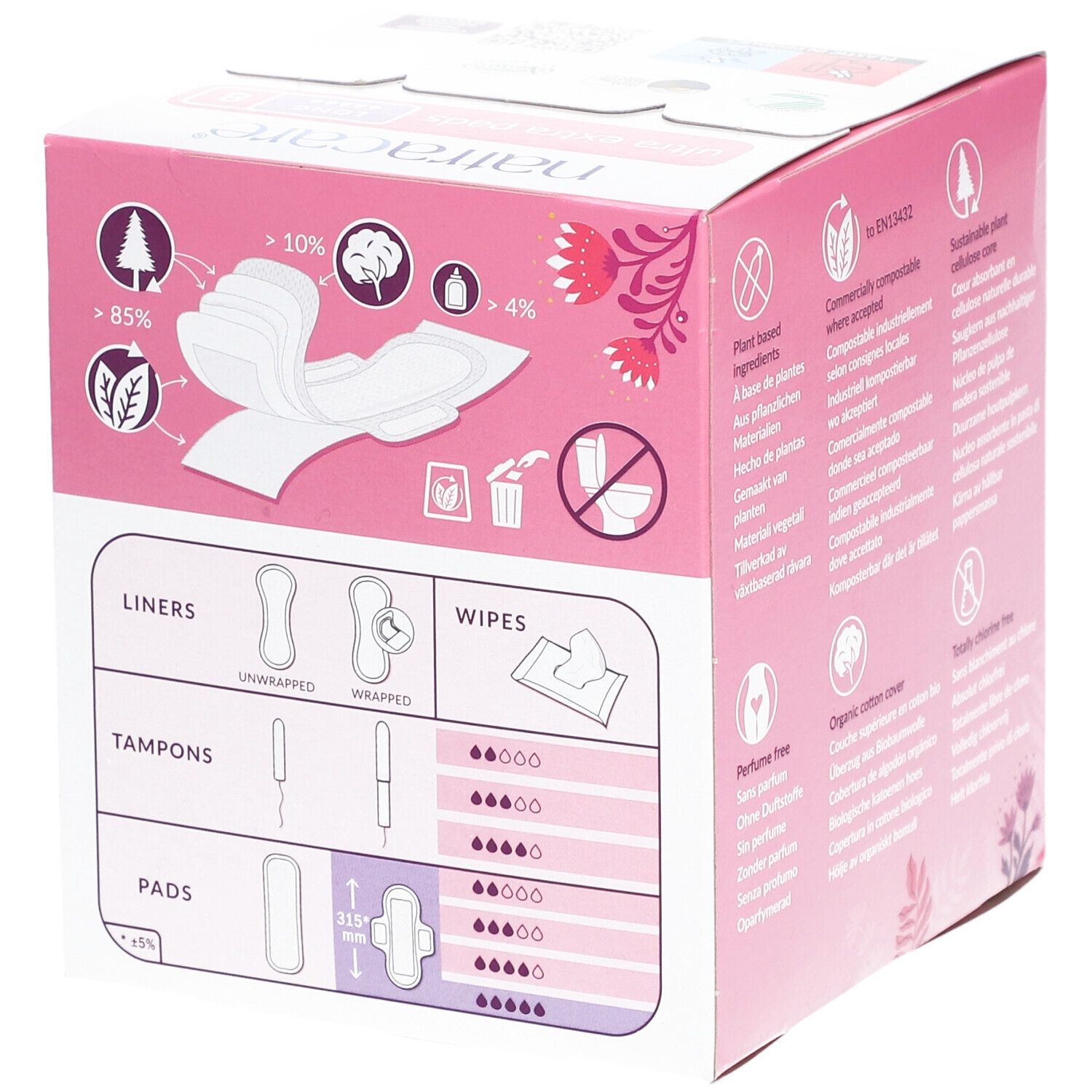 Côté de la boîte rose Natracare Ultra Extra Pads. Graphiques : serviettes, tampons, protège-slips. Informations sur les ingrédients et certifications.