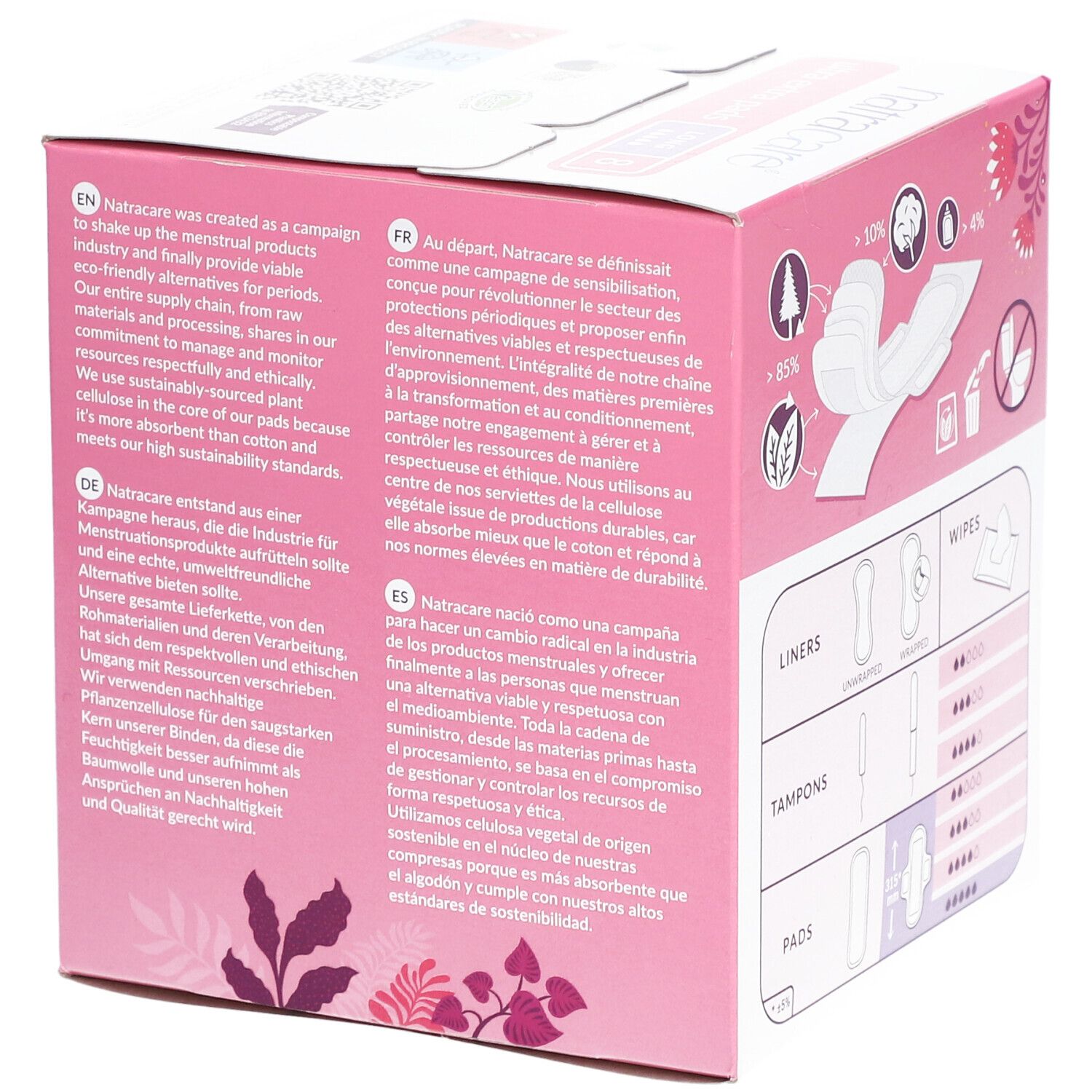 Côté de la boîte rose Natracare Ultra Extra Pads. Texte sur la marque et la durabilité. Informations sur les ingrédients et la fabrication.