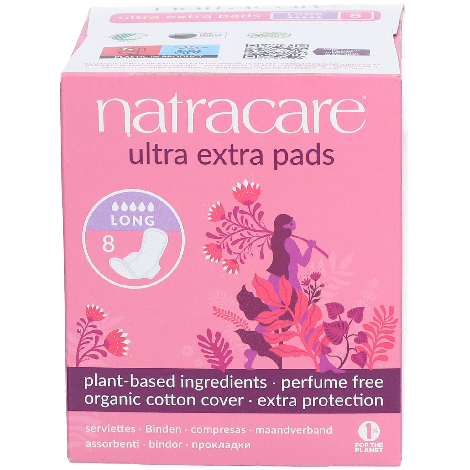 Boîte rose Natracare Ultra Extra Pads. Contient 8 serviettes longues. Ingrédients à base de plantes, sans parfum, surface en coton biologique.