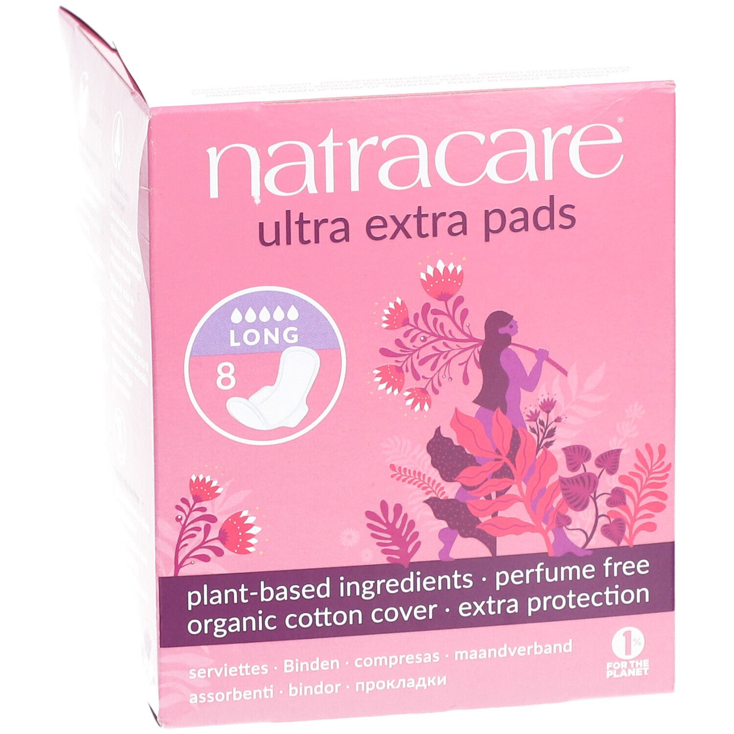 Boîte rose Natracare Ultra Extra Pads, légèrement ouverte. Contient 8 serviettes longues. Ingrédients à base de plantes, sans parfum, surface en coton biologique.