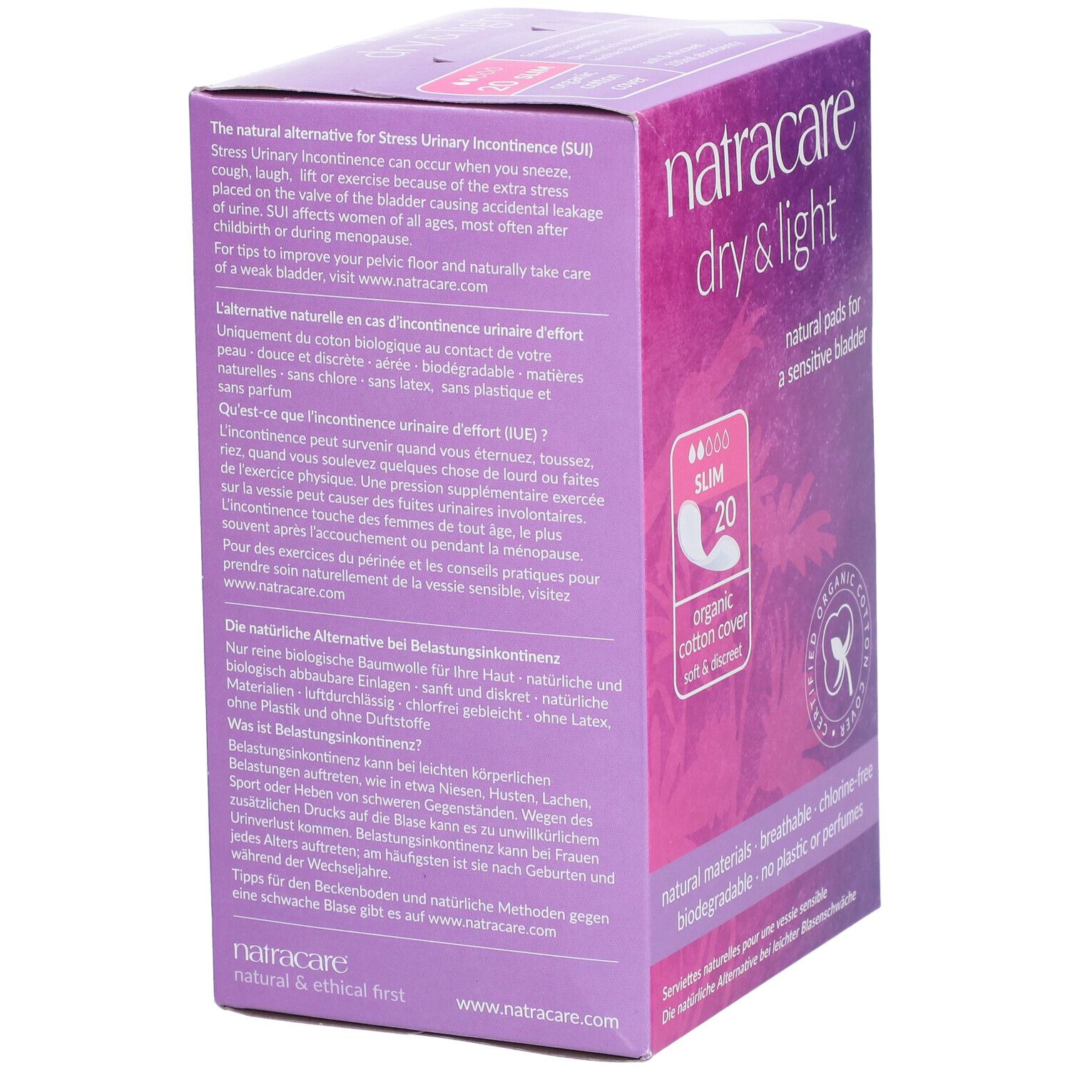Rückseite der Natracare Dry & Light Verpackung. Text über Belastungsinkontinenz, Inhaltsstoffe, Zertifizierungen und Marke.