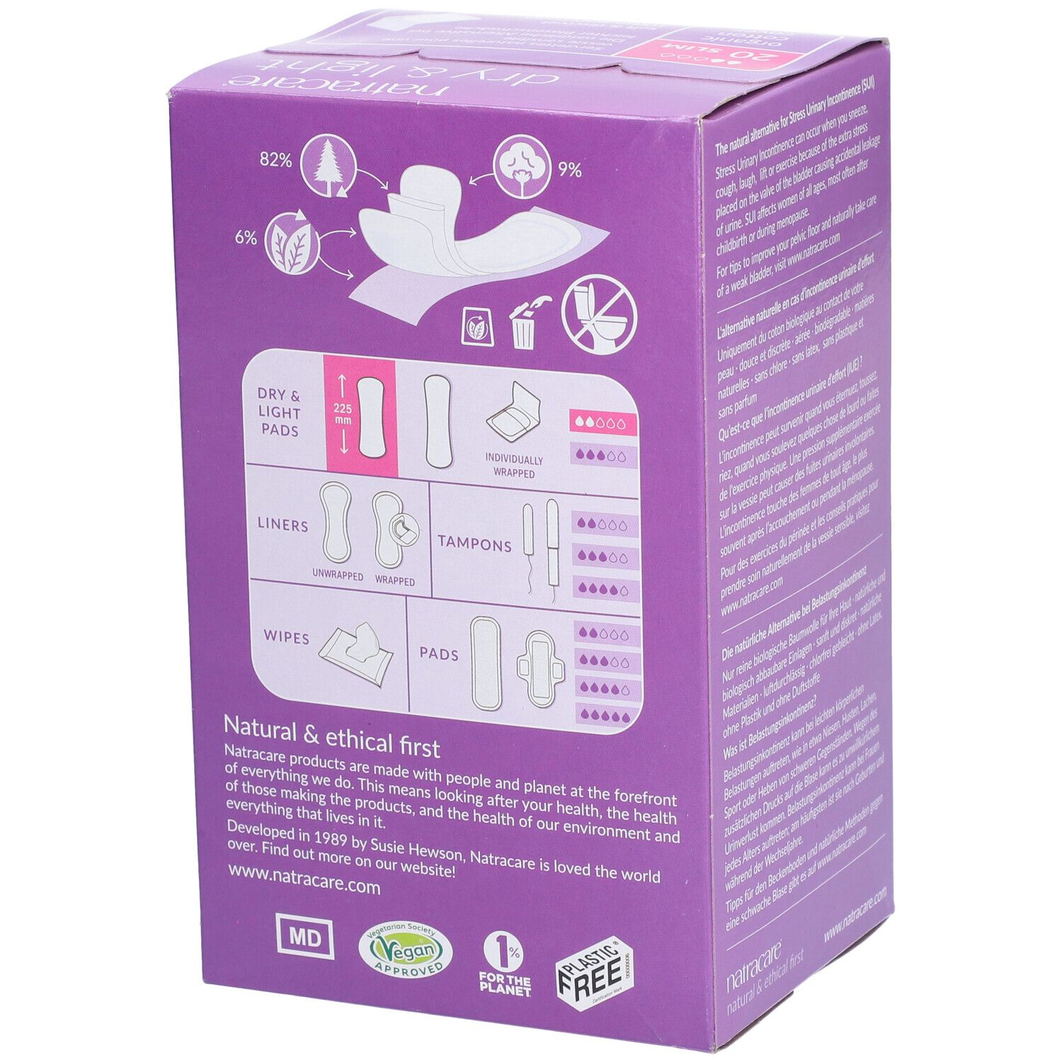 Seite der Natracare Dry & Light Verpackung. Diagramme zu verschiedenen Produkten, Inhaltsstoffen und Zertifizierungen.