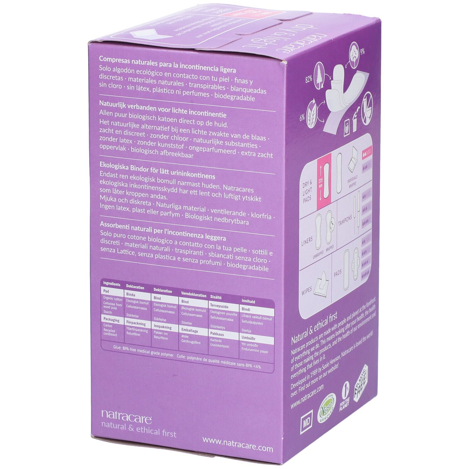Seite der Natracare Dry & Light Verpackung. Diagramme zu verschiedenen Produkten, Inhaltsstoffen und Zertifizierungen.