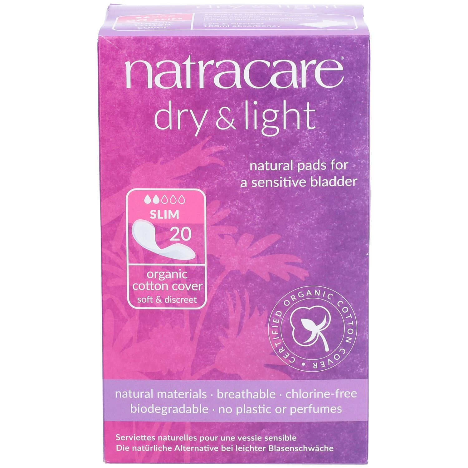 Vorderseite der Natracare Dry & Light Verpackung. Produktname, Slim, 20 Stück, Bio-Baumwolle, Zertifizierung.