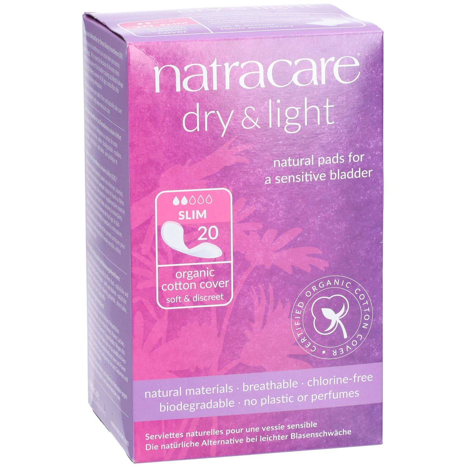 Vorderseite der Natracare Dry & Light Verpackung. Produktname, Slim, 20 Stück, Bio-Baumwolle, Zertifizierung.