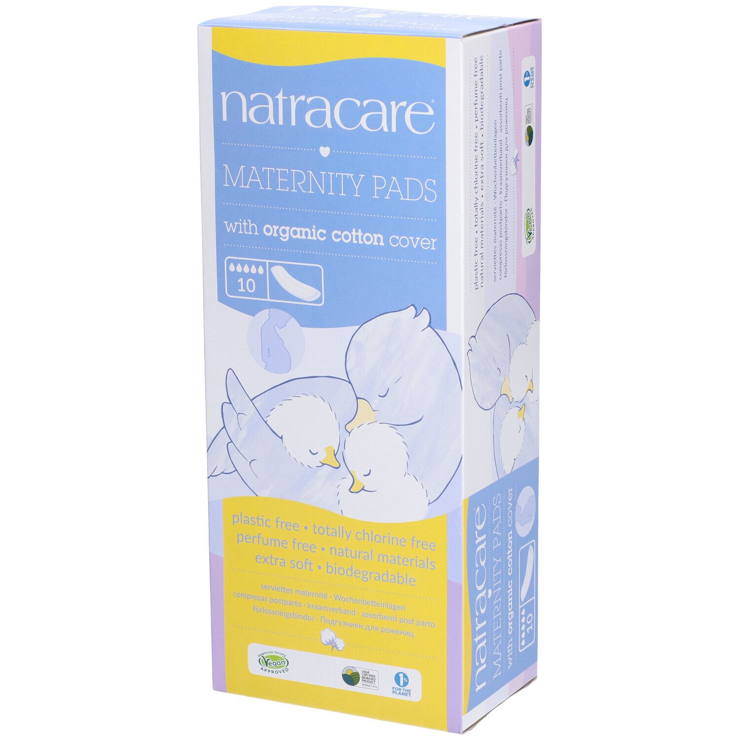 Boîte de Natracare Maternity Pads. Inscription : 10 unités, avec couverture en coton bio. Illustration d'oiseaux.
