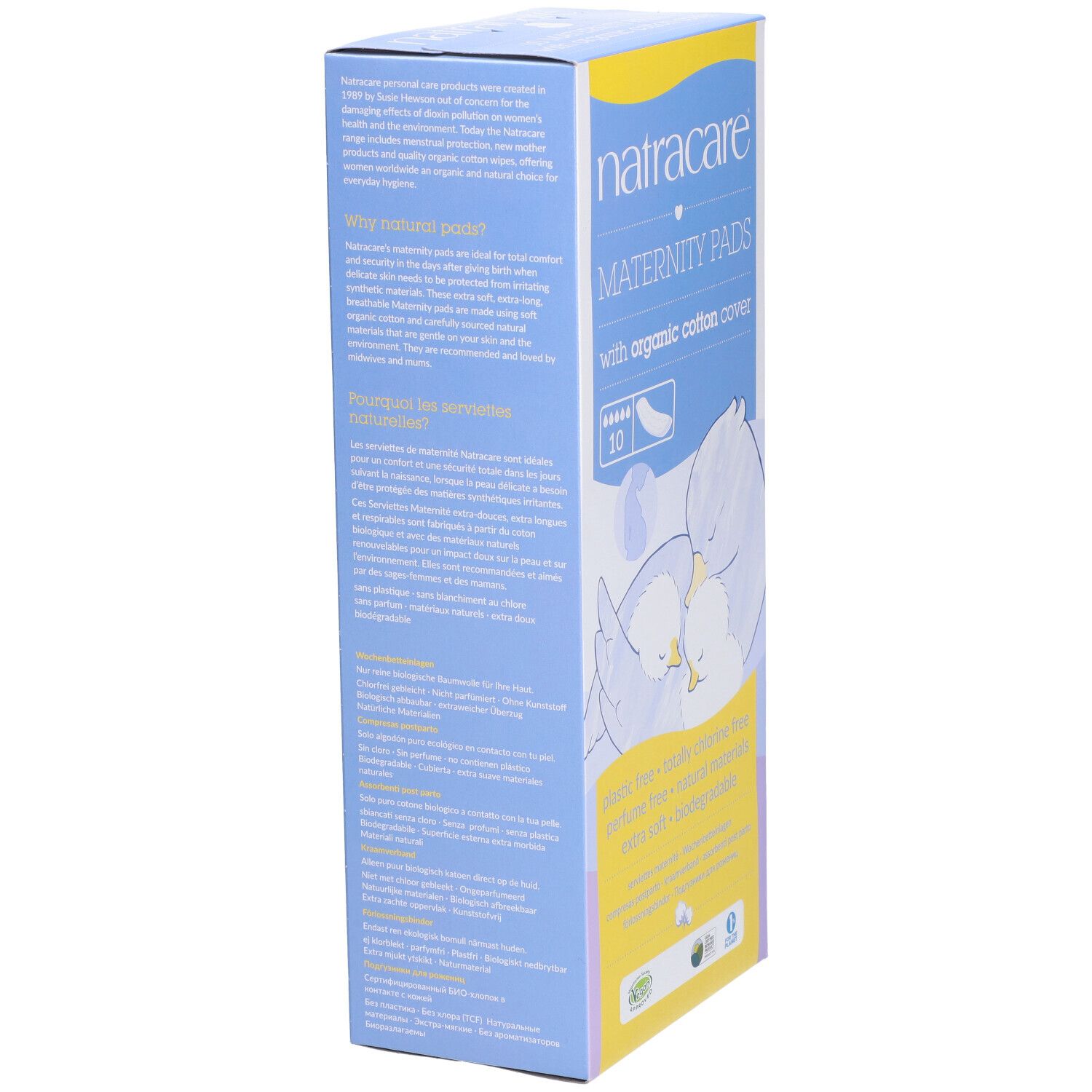 Boîte de Natracare Maternity Pads. Texte sur le côté. Avec couverture en coton bio. Bleu clair et jaune.