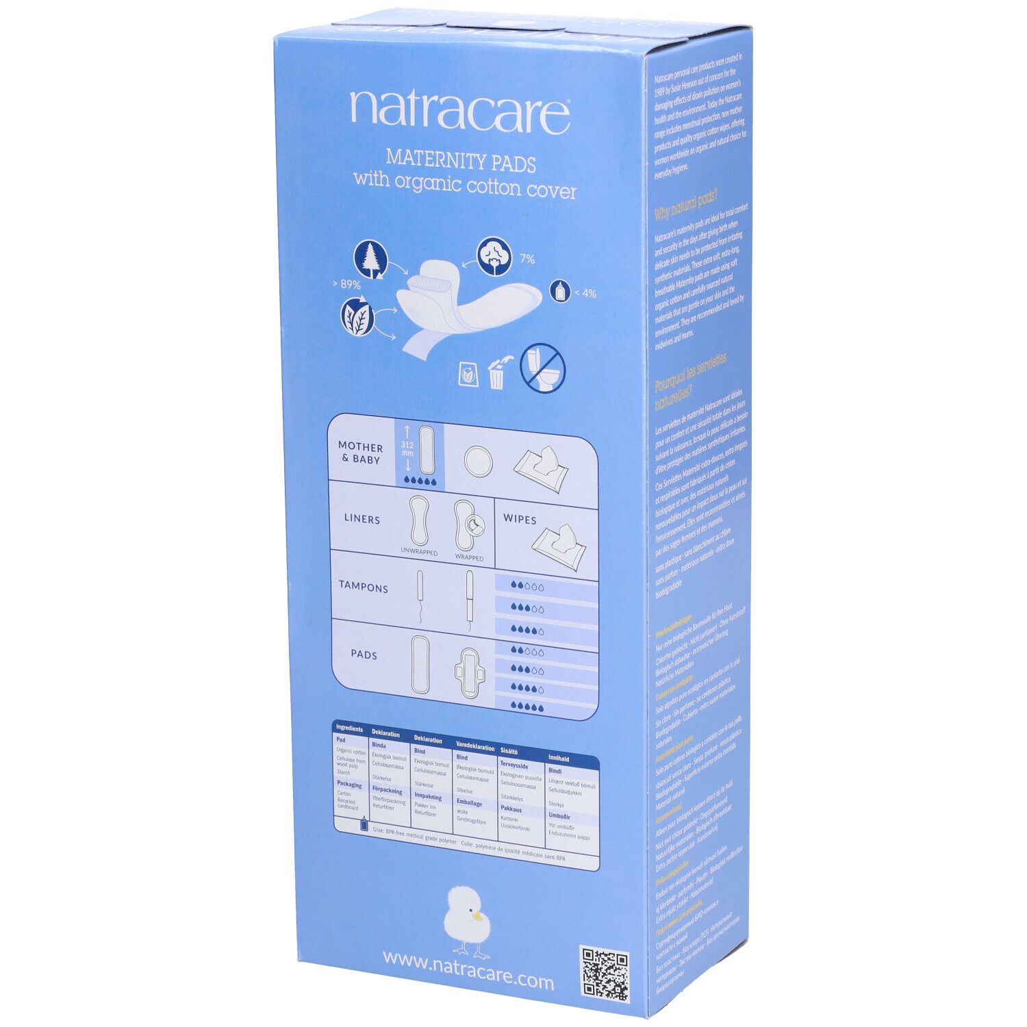 Dos de la boîte Natracare Maternity Pads. Diagrammes et informations sur divers produits. Bleu clair.