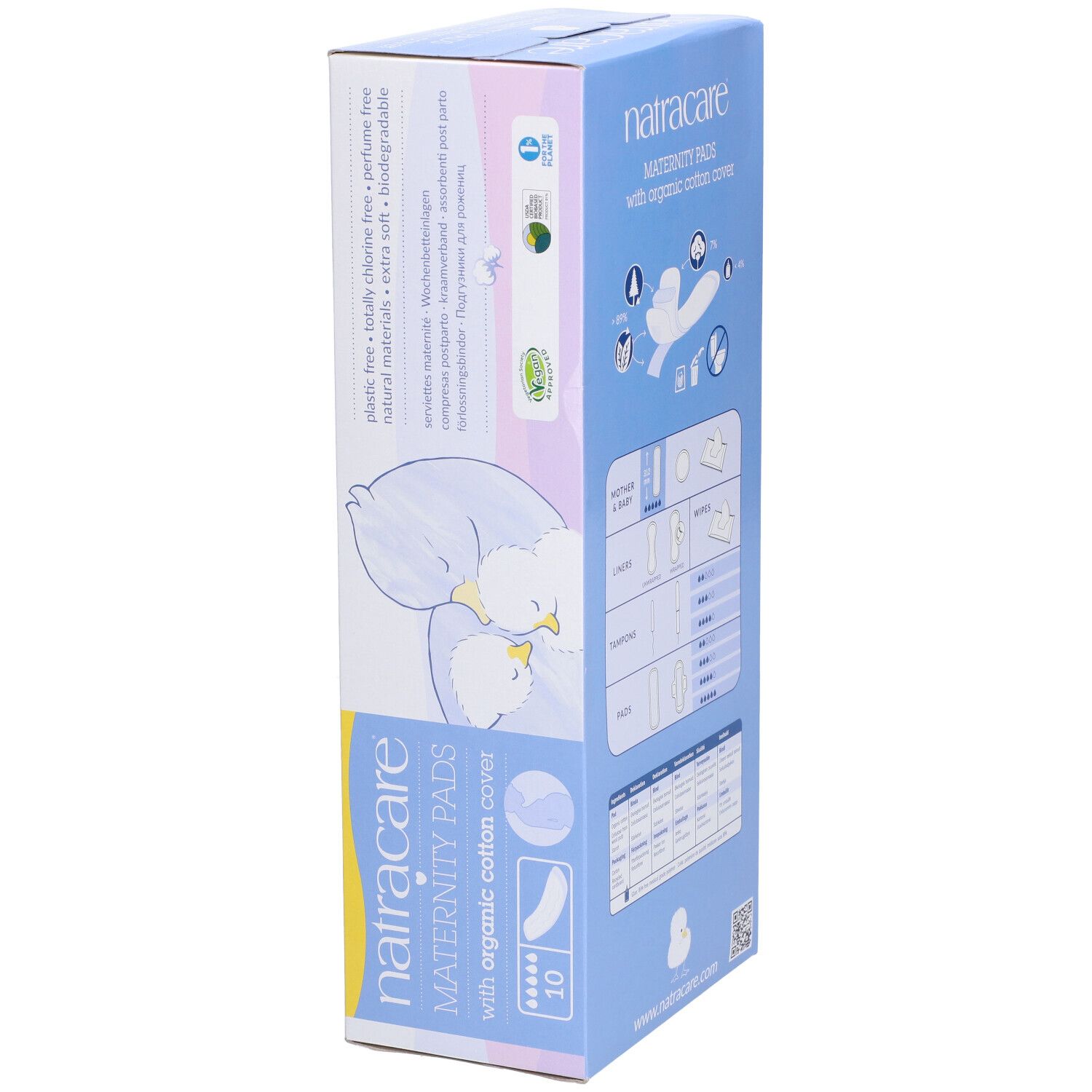 Boîte de Natracare Maternity Pads. Avec couverture en coton bio. Illustration d'oiseaux. Bleu clair et jaune.