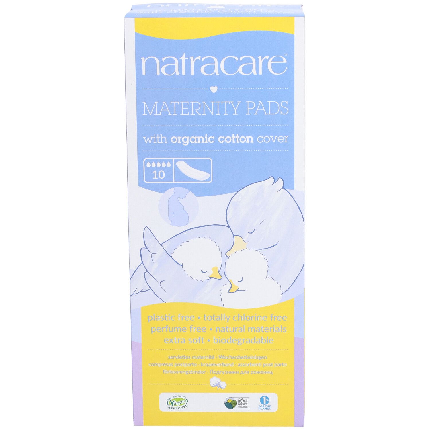 Face avant de la boîte Natracare Maternity Pads. 10 unités, avec couverture en coton bio. Illustration d'oiseaux.