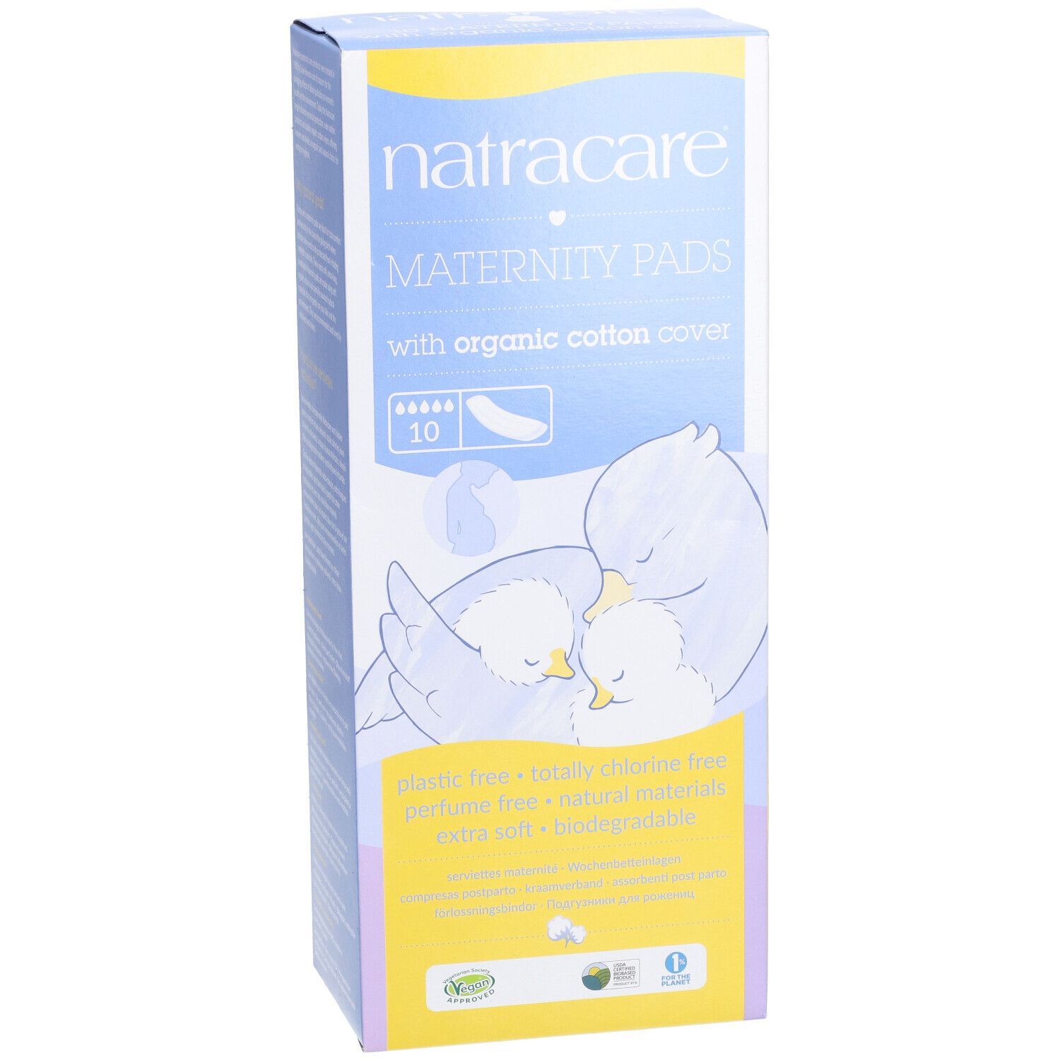 Face avant de la boîte Natracare Maternity Pads. 10 unités, avec couverture en coton bio. Illustration d'oiseaux.