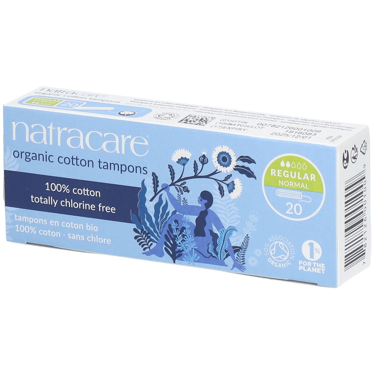 Lichtblauwe doos tampons. Opschrift: Natracare, 100% katoen, chloorvrij. 20 stuks. Labels: Organic, 1% for the Planet.