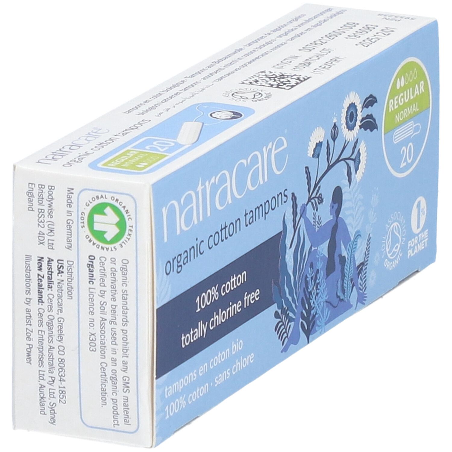 Doos tampons schuin. Opschrift: Natracare, 100% katoen, chloorvrij. 20 stuks. Labels: Organic, 1% for the Planet.