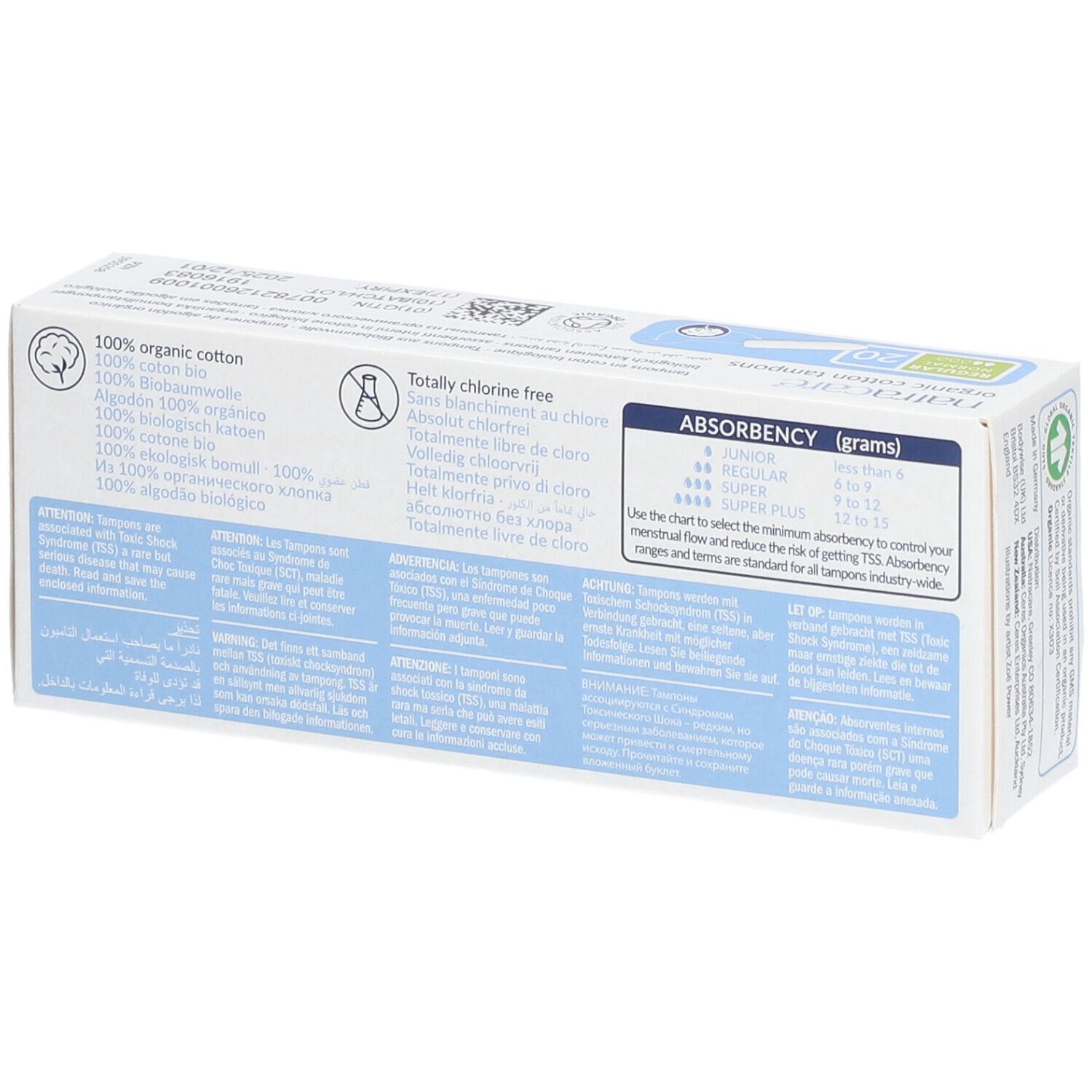 Achterkant van de tampondos. Tekst in meerdere talen. Informatie over absorptie. Labels: Organic, recycling.