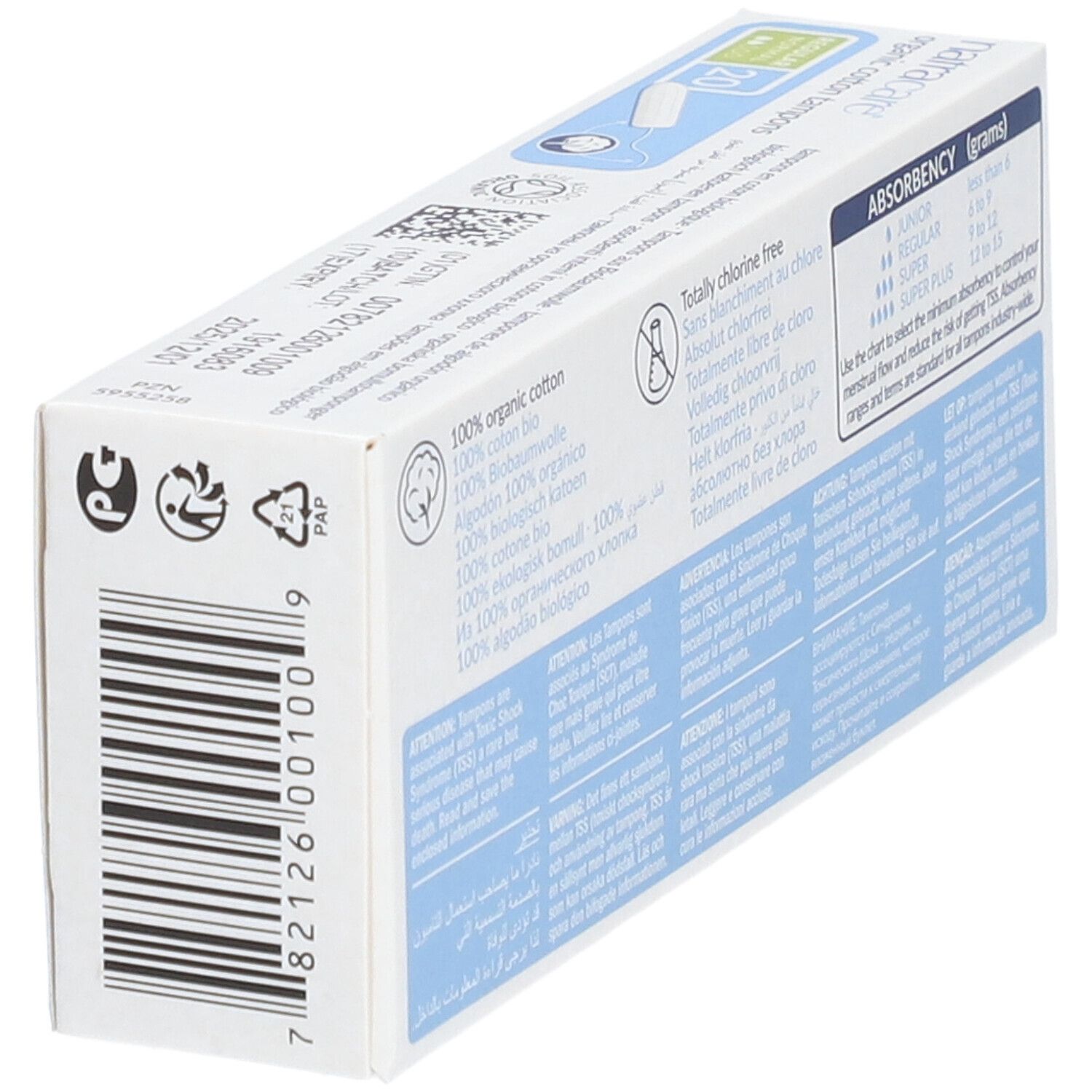 Achterkant doos met tekst en recyclingsymbolen. Informatie over absorptie. Barcode.