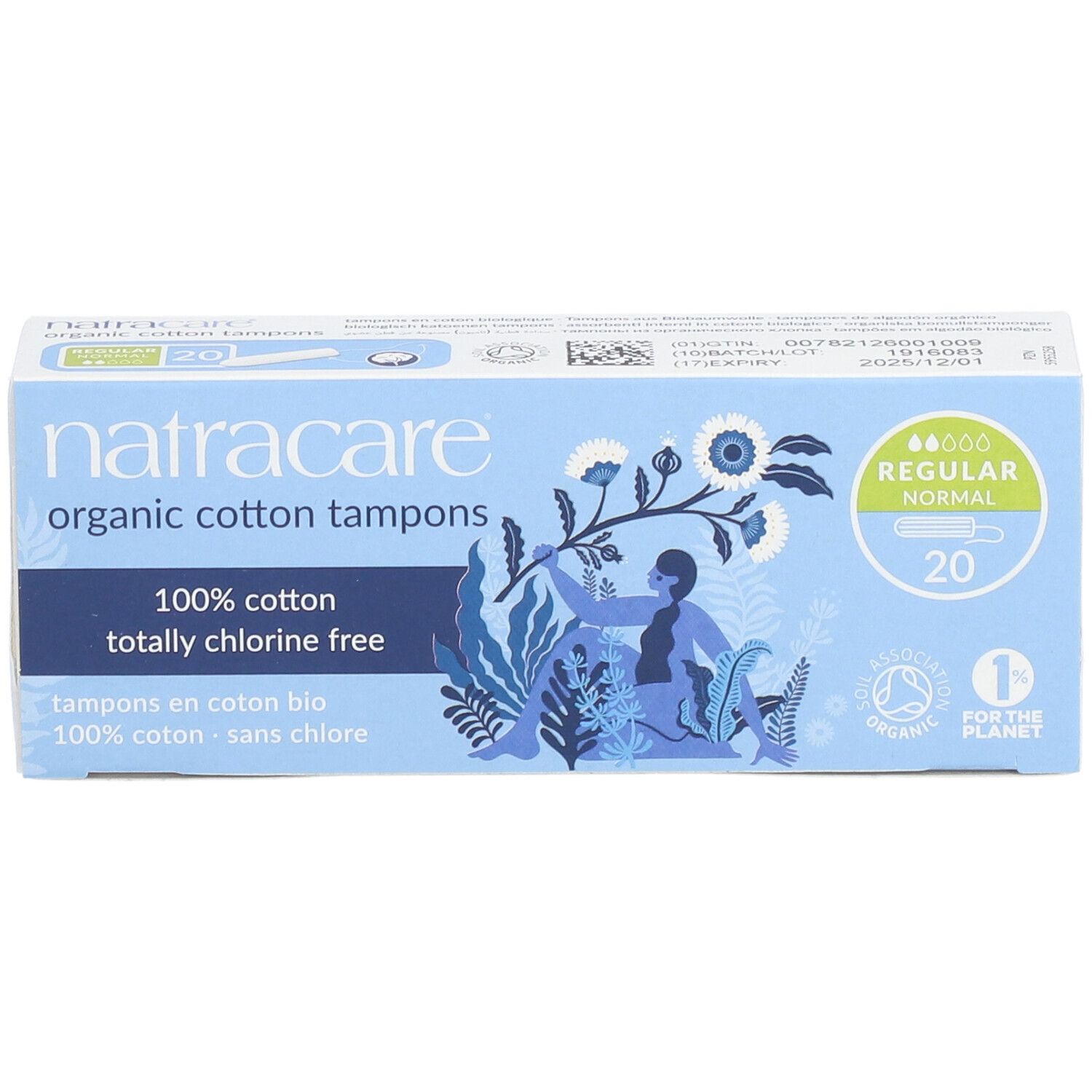 Lichtblauwe doos tampons. Opschrift: Natracare, 100% katoen, chloorvrij. 20 stuks. Labels: Organic, 1% for the Planet.