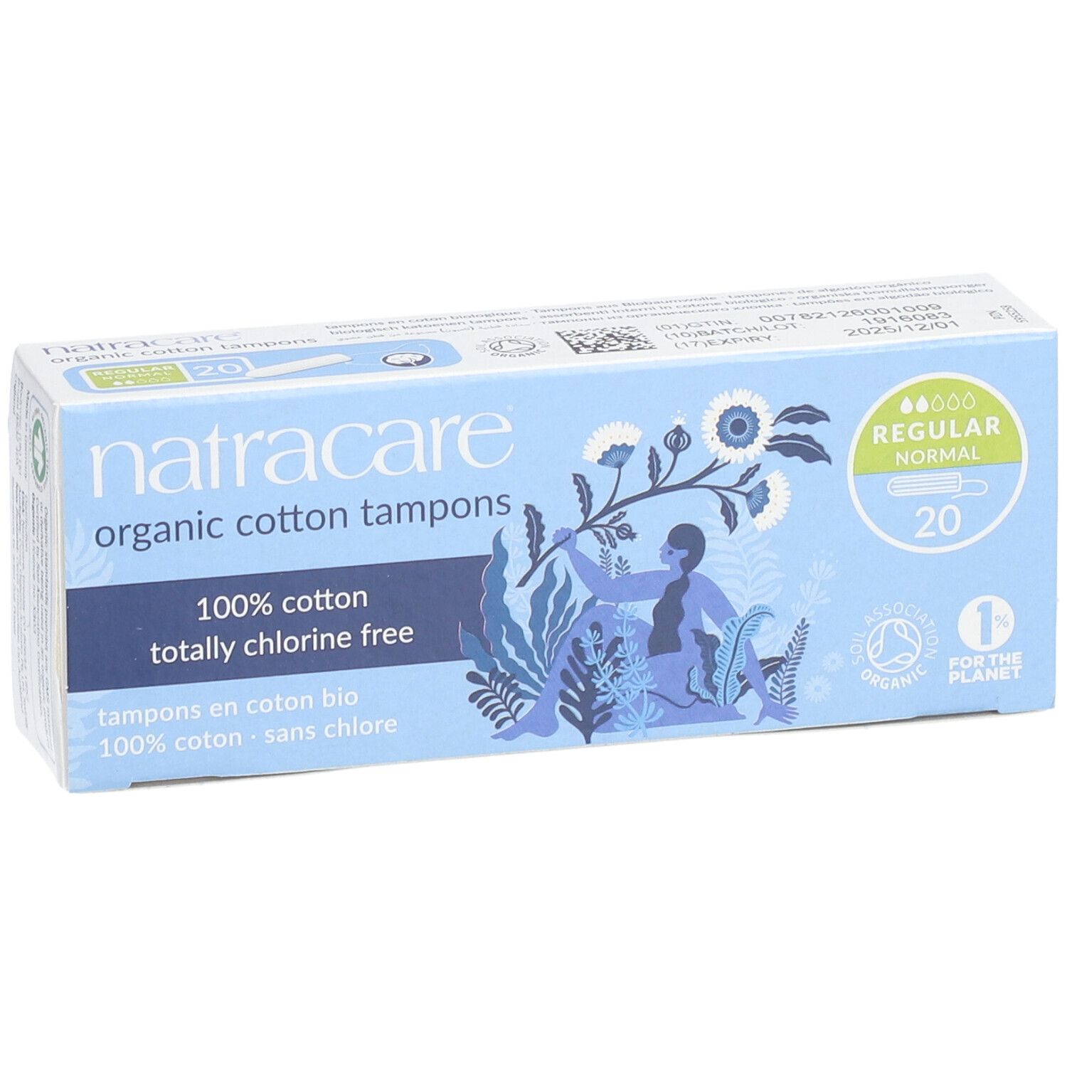Lichtblauwe doos tampons. Opschrift: Natracare, 100% katoen, chloorvrij. 20 stuks. Labels: Organic, 1% for the Planet.