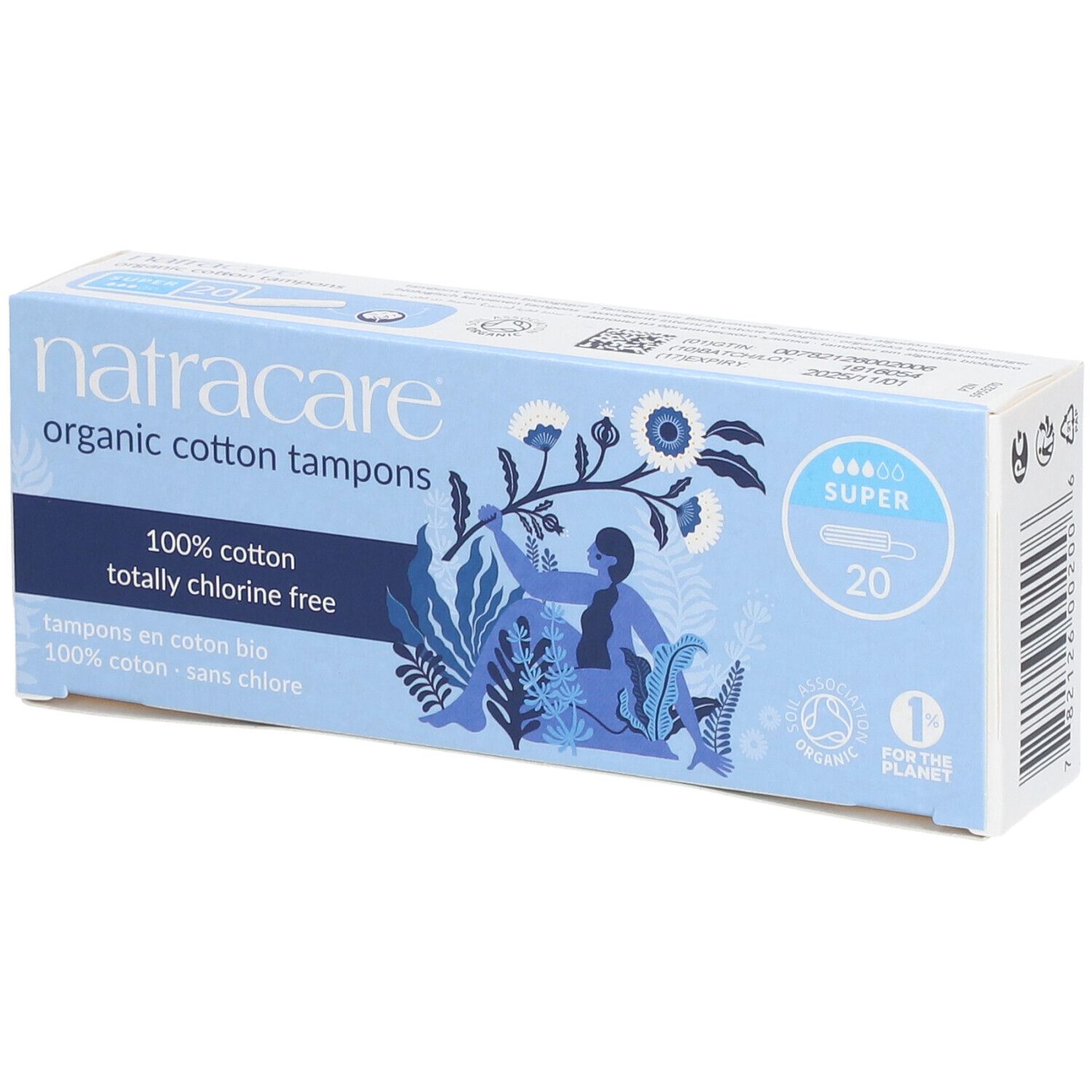 Doosje tampons. Opschrift: Natracare, biologisch katoen, 100% chloorvrij. 20 stuks, Super. Illustratie.
