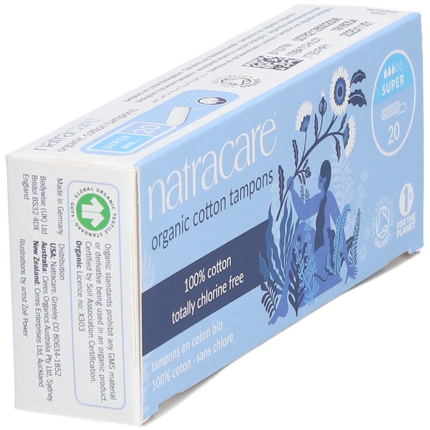 Doosje tampons. Opschrift: Natracare, biologisch katoen, 100% chloorvrij. 20 stuks, Super. Schuine hoek.