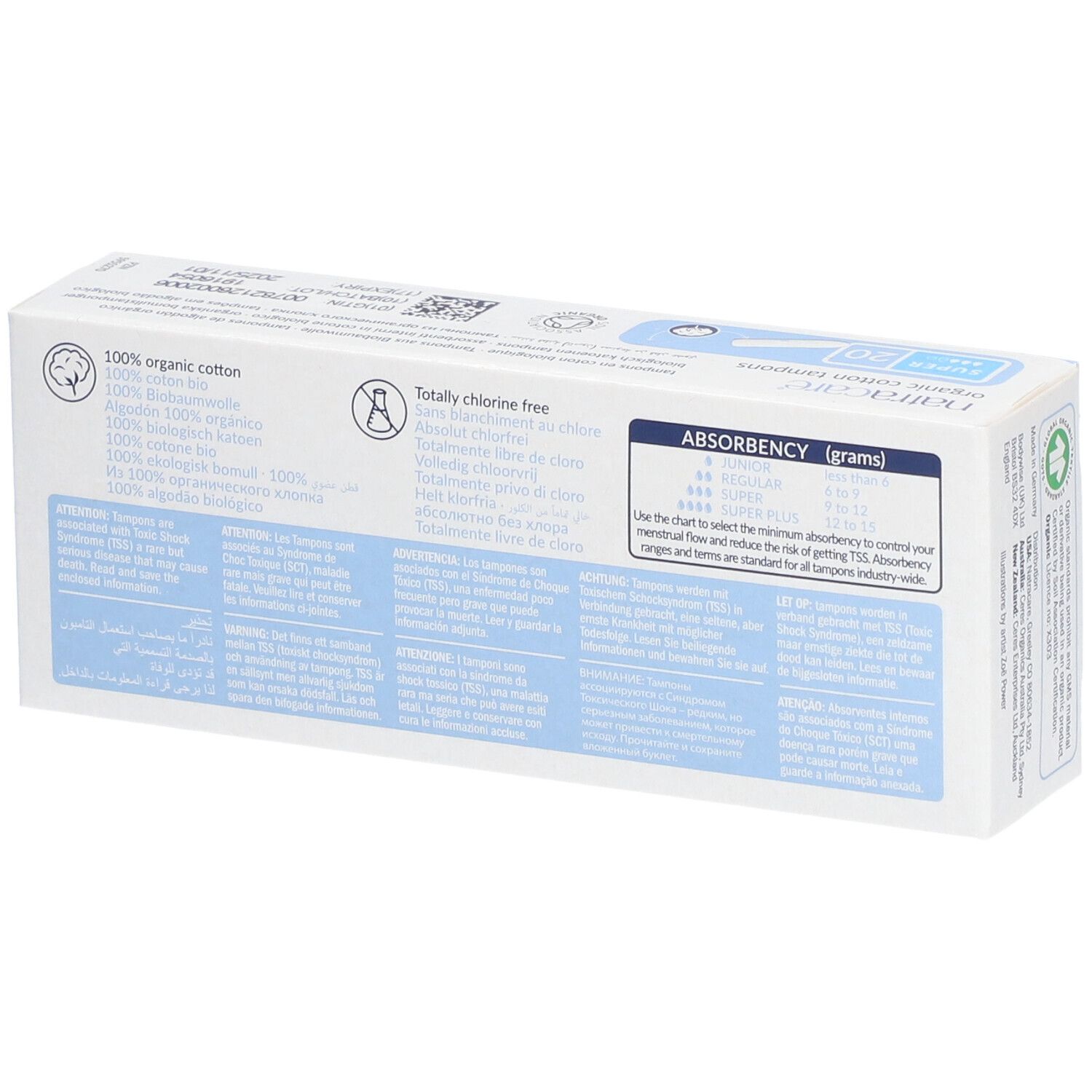 Achterkant van de tamponverpakking. Tekst: 100% biologisch katoen, 100% chloorvrij. Informatie over absorptie in gram.