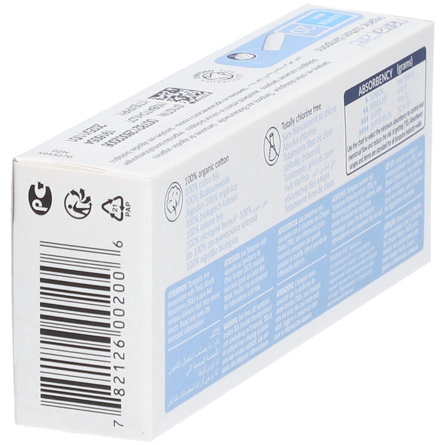 Achterkant van de tamponverpakking. Tekst: 100% biologisch katoen, 100% chloorvrij. Streepjescode en recyclingsymbolen.
