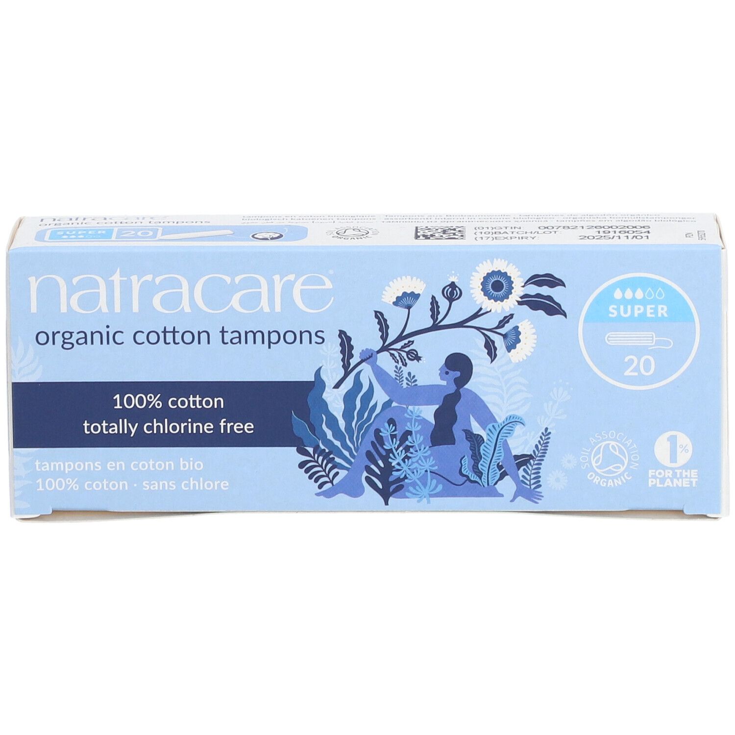 Doosje tampons. Opschrift: Natracare, biologisch katoen, 100% chloorvrij. 20 stuks, Super. Illustratie.