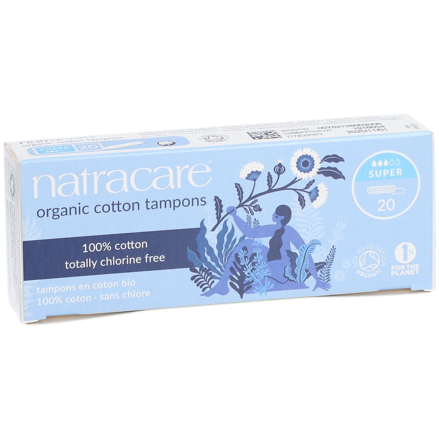 Doosje tampons. Opschrift: Natracare, biologisch katoen, 100% chloorvrij. 20 stuks, Super. Illustratie.