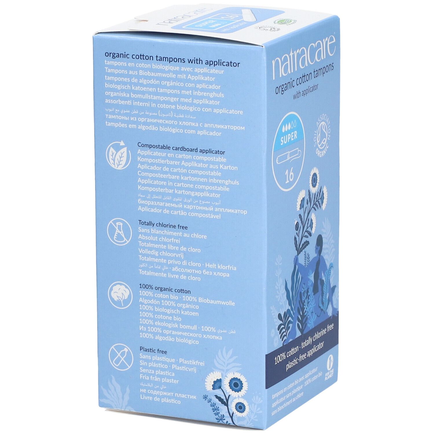 Blaue Schachtel mit Tampons. Aufschrift: Natracare, organic cotton tampons. Angaben zu Inhaltsstoffen und Zertifizierungen.