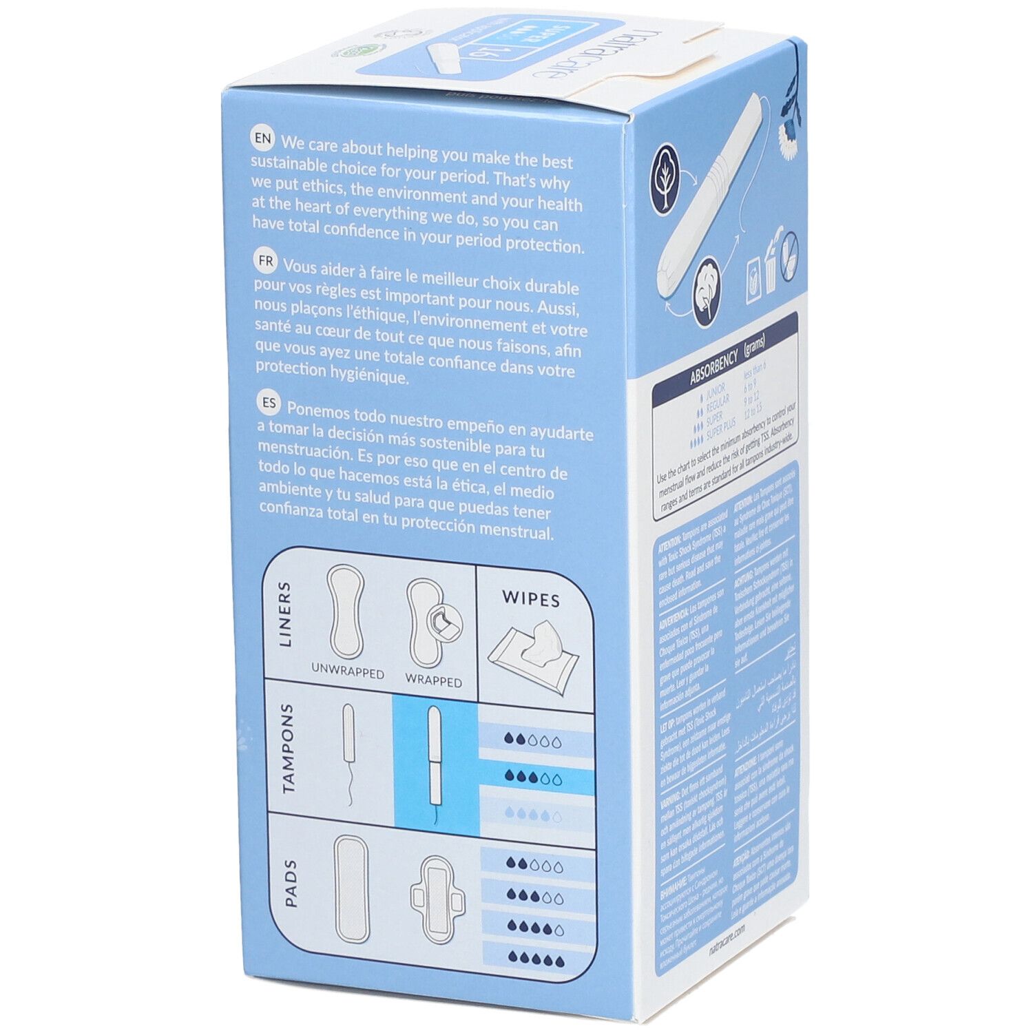 Blaue Schachtel mit Tampons. Seite mit Informationen zu Nachhaltigkeit und Produktvergleich. Illustrationen.