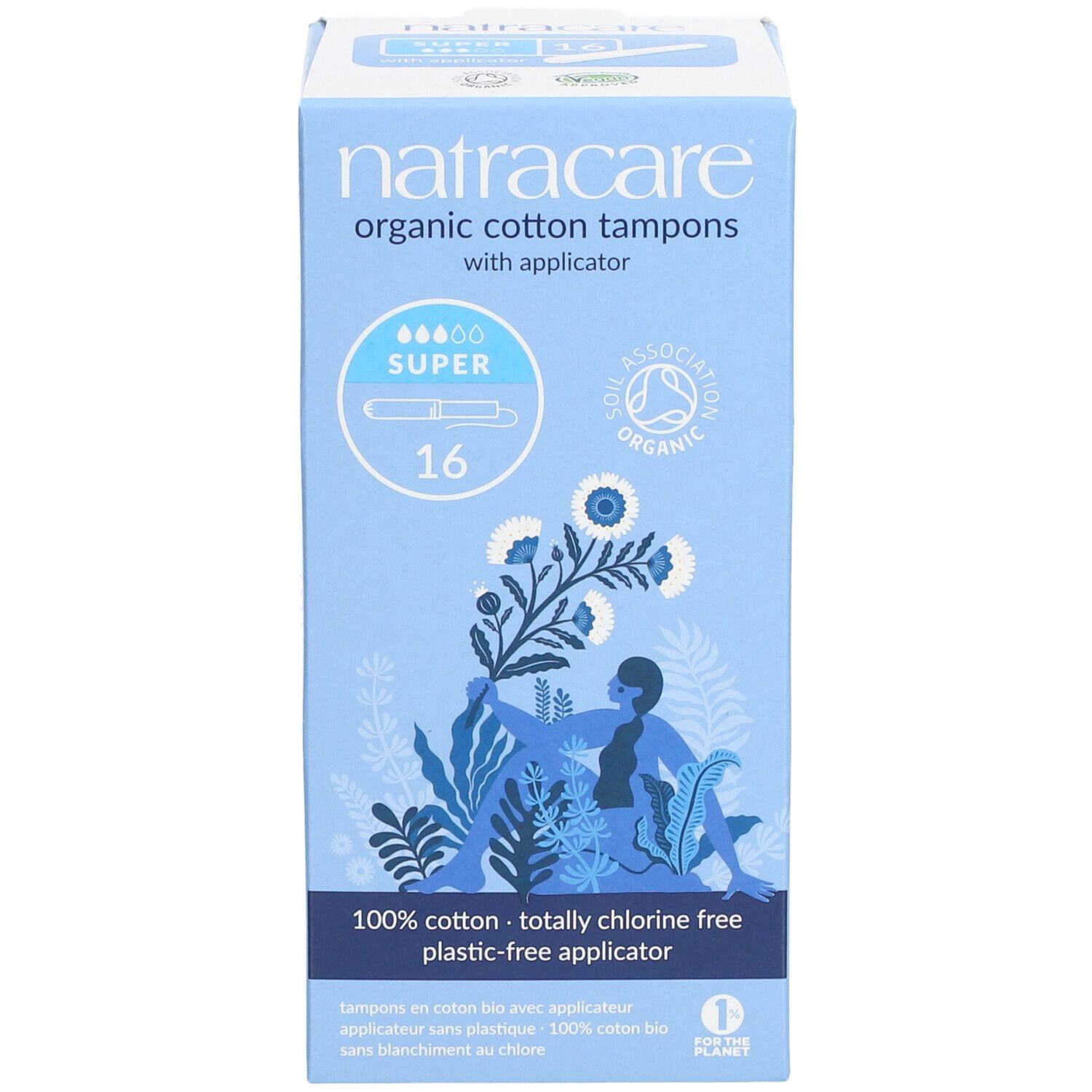 Blaue Schachtel mit Tampons. Aufschrift: Natracare, organic cotton tampons, Super, 16 Stück. Mit Illustrationen.