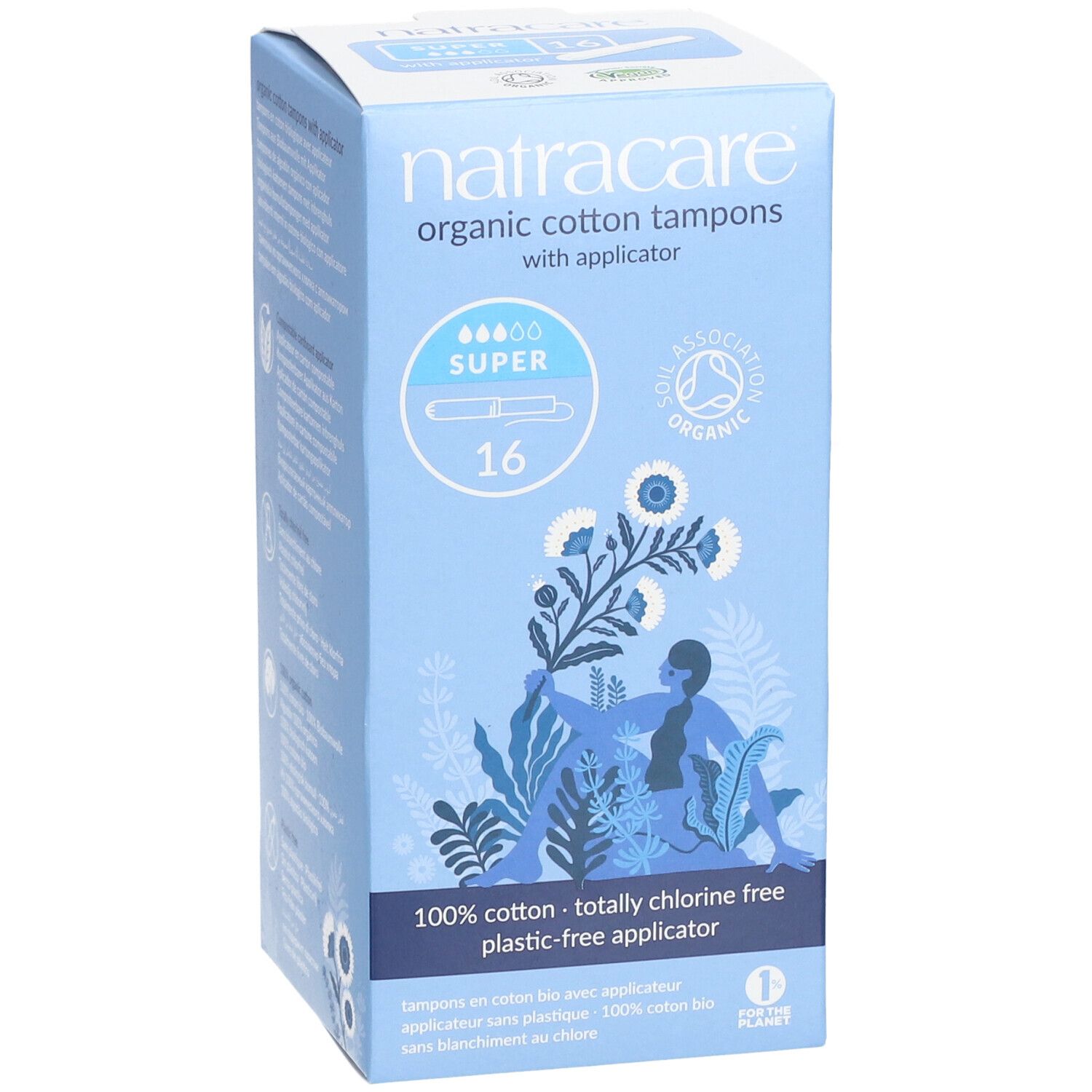 Blaue Schachtel mit Tampons. Aufschrift: Natracare, organic cotton tampons, Super, 16 Stück. Mit Illustrationen.