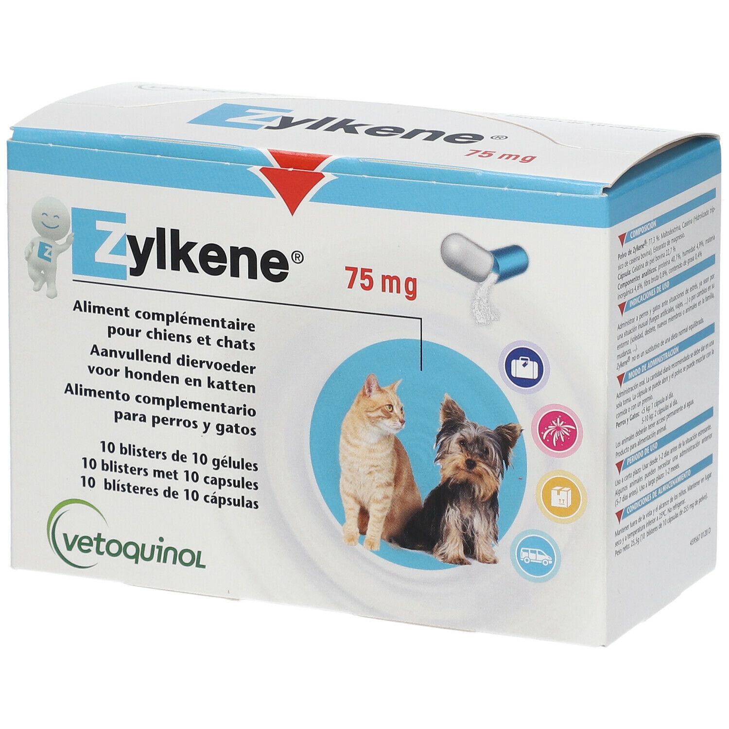 Zylkene 75 mg verpakking. Blauw-witte doos met productnaam, dosering en afbeeldingen van kat en hond. Bevat 10 blisters met capsules.