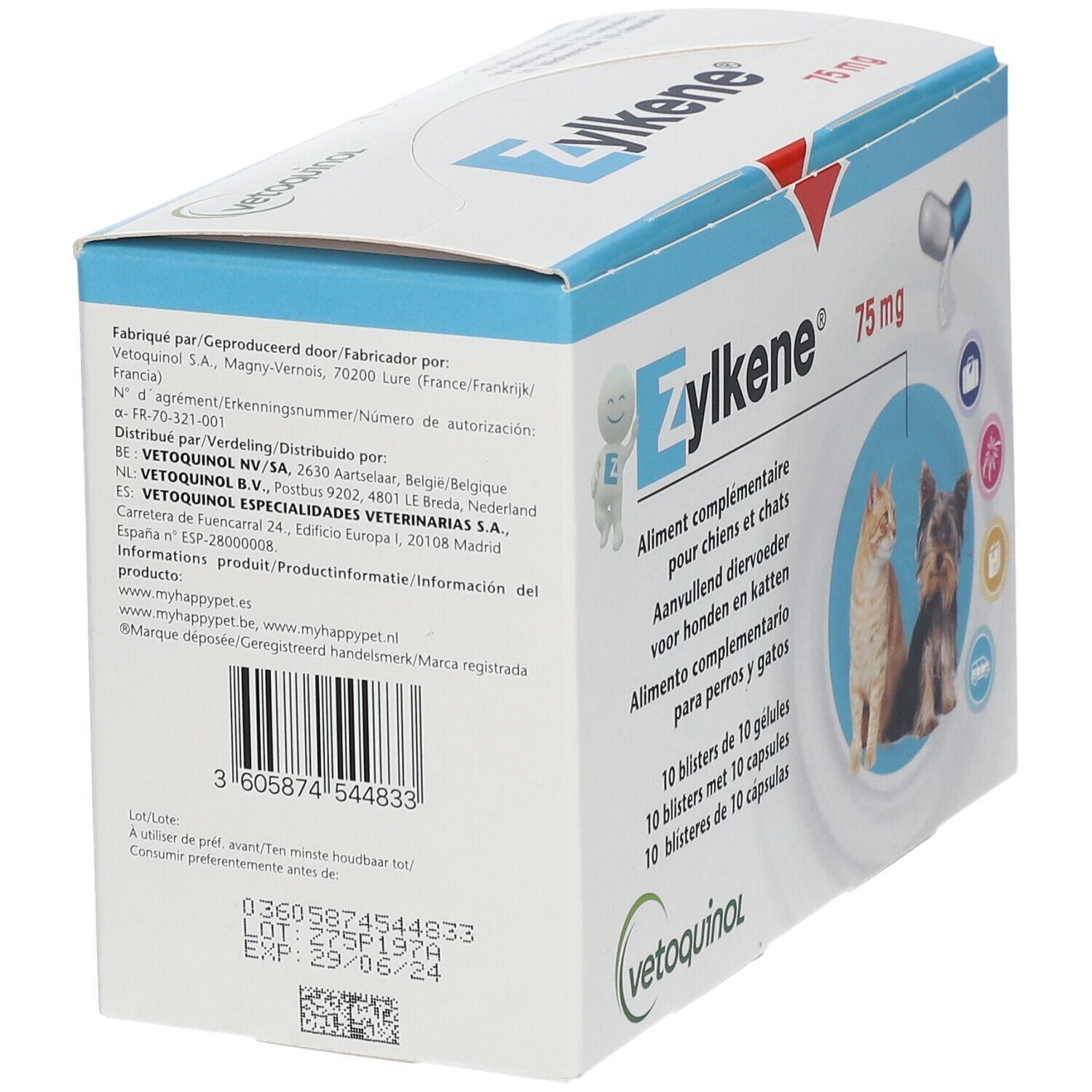 Zylkene 75 mg verpakking. Witte doos met productinformatie, barcode en logo. Bevat 10 blisters met capsules.