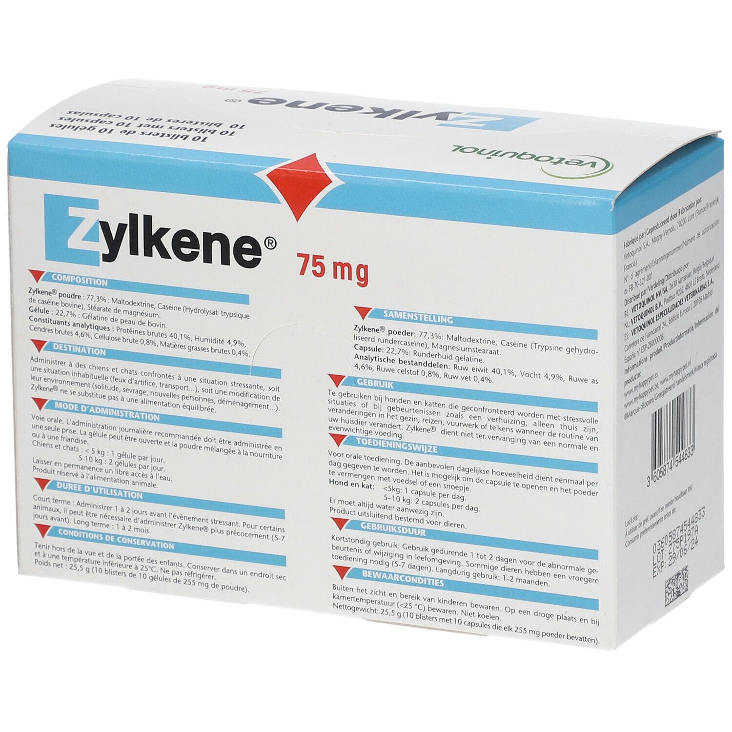 Zylkene 75 mg verpakking. Witte doos met productinformatie, ingrediënten en dosering. Bevat 10 blisters met capsules.