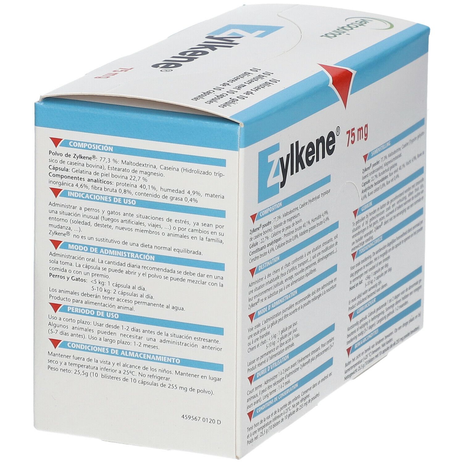 Zylkene 75 mg verpakking. Witte doos met productinformatie, ingrediënten en dosering. Bevat 10 blisters met capsules.