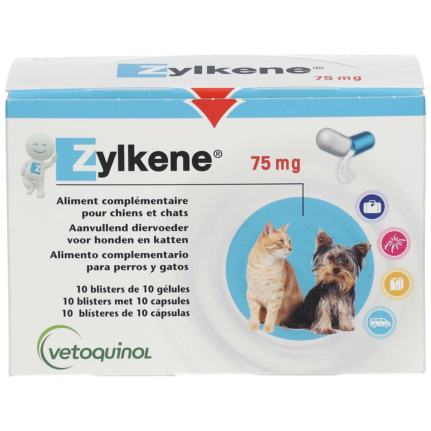 Zylkene 75 mg verpakking. Blauw-witte doos met productnaam, dosering en afbeeldingen van kat en hond. Bevat 10 blisters met capsules.