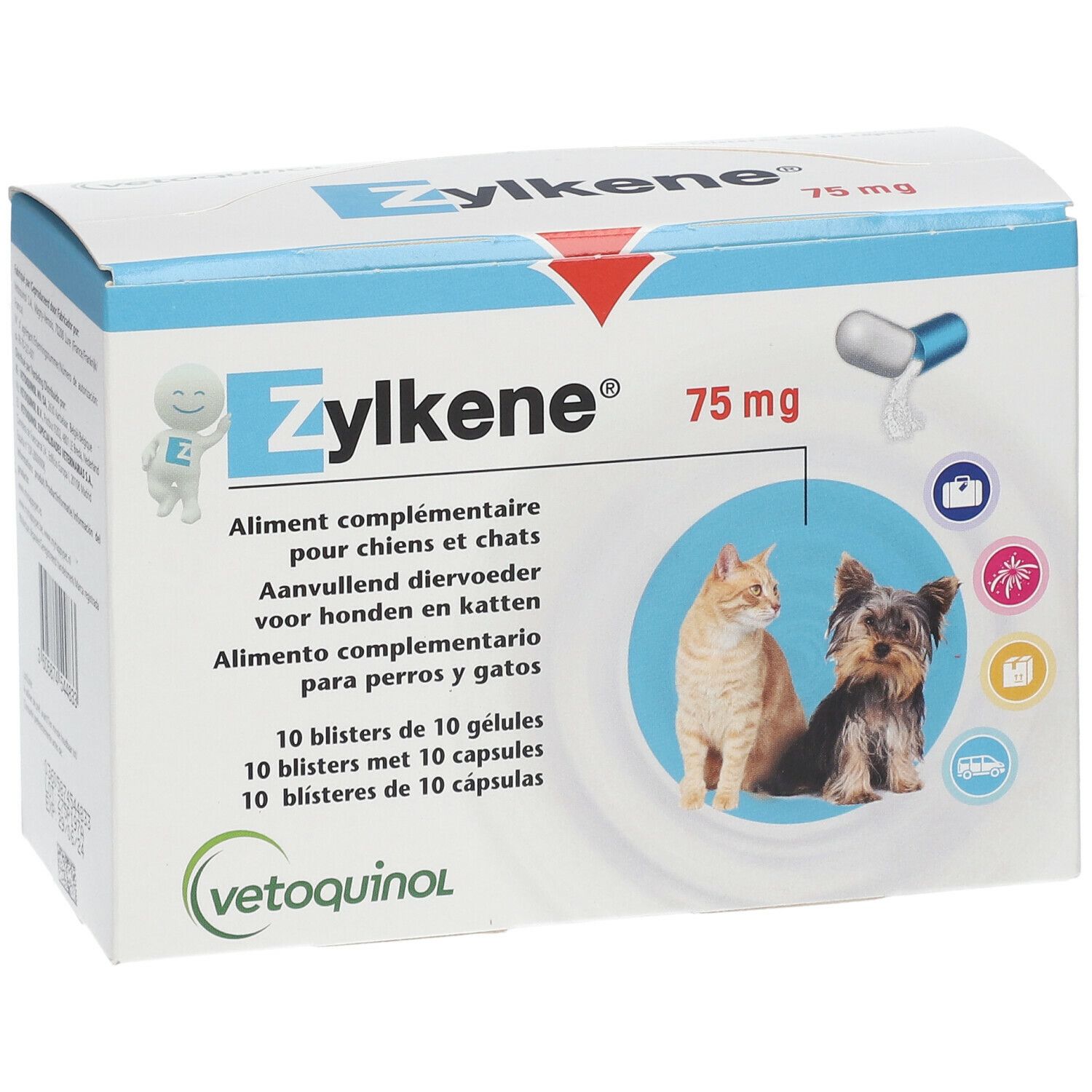 Zylkene 75 mg verpakking. Blauw-witte doos met productnaam, dosering en afbeeldingen van kat en hond. Bevat 10 blisters met capsules.
