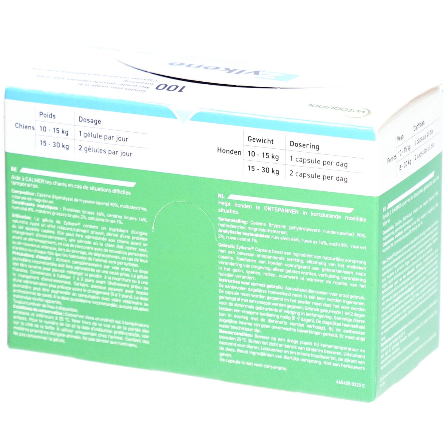 Achterkant Zylkene-verpakking. Dosering informatie. Gewicht: 10-30 kg. Tekst in meerdere talen.