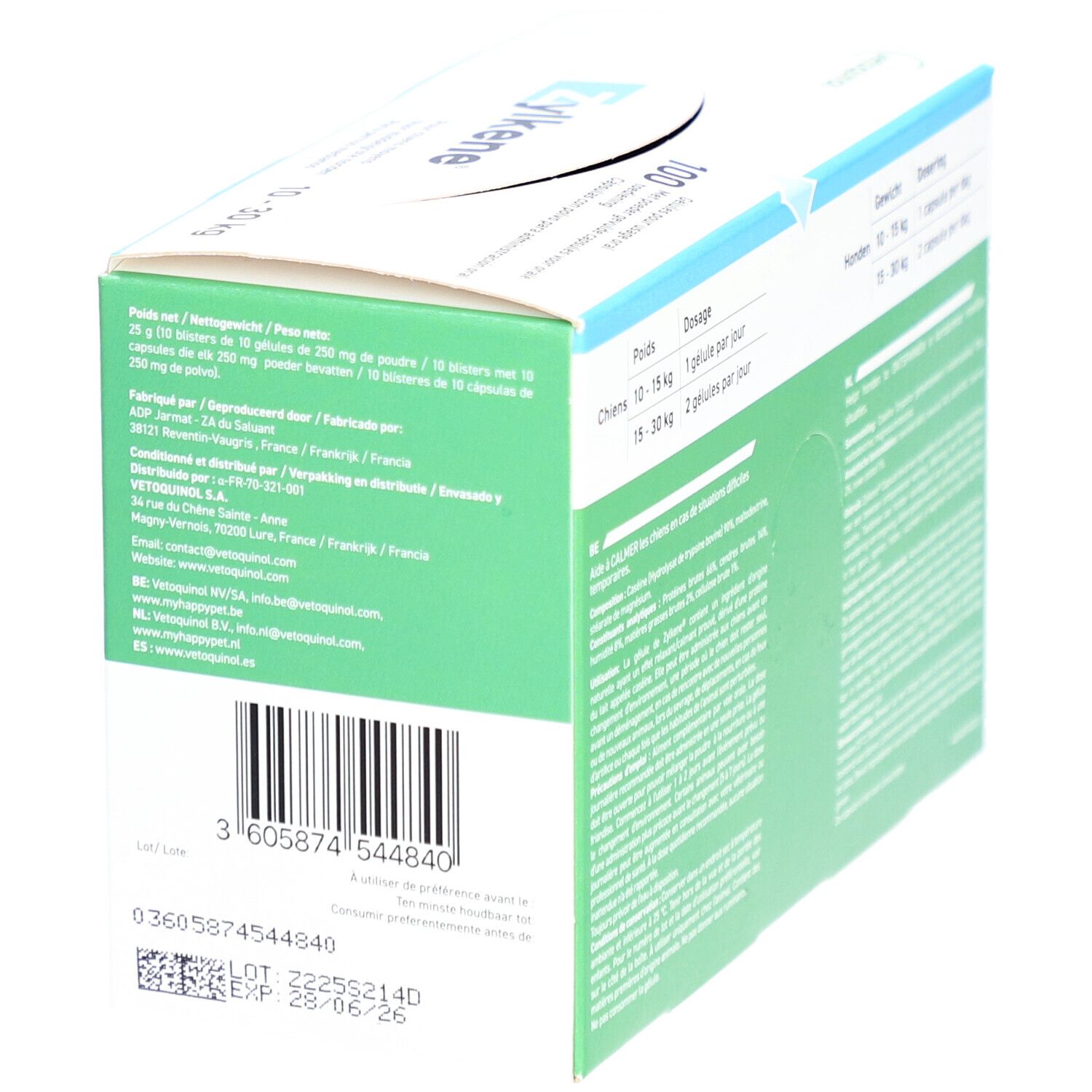 Zijkant Zylkene-verpakking. Barcode, lotnummer en vervaldatum. Tekst in meerdere talen.