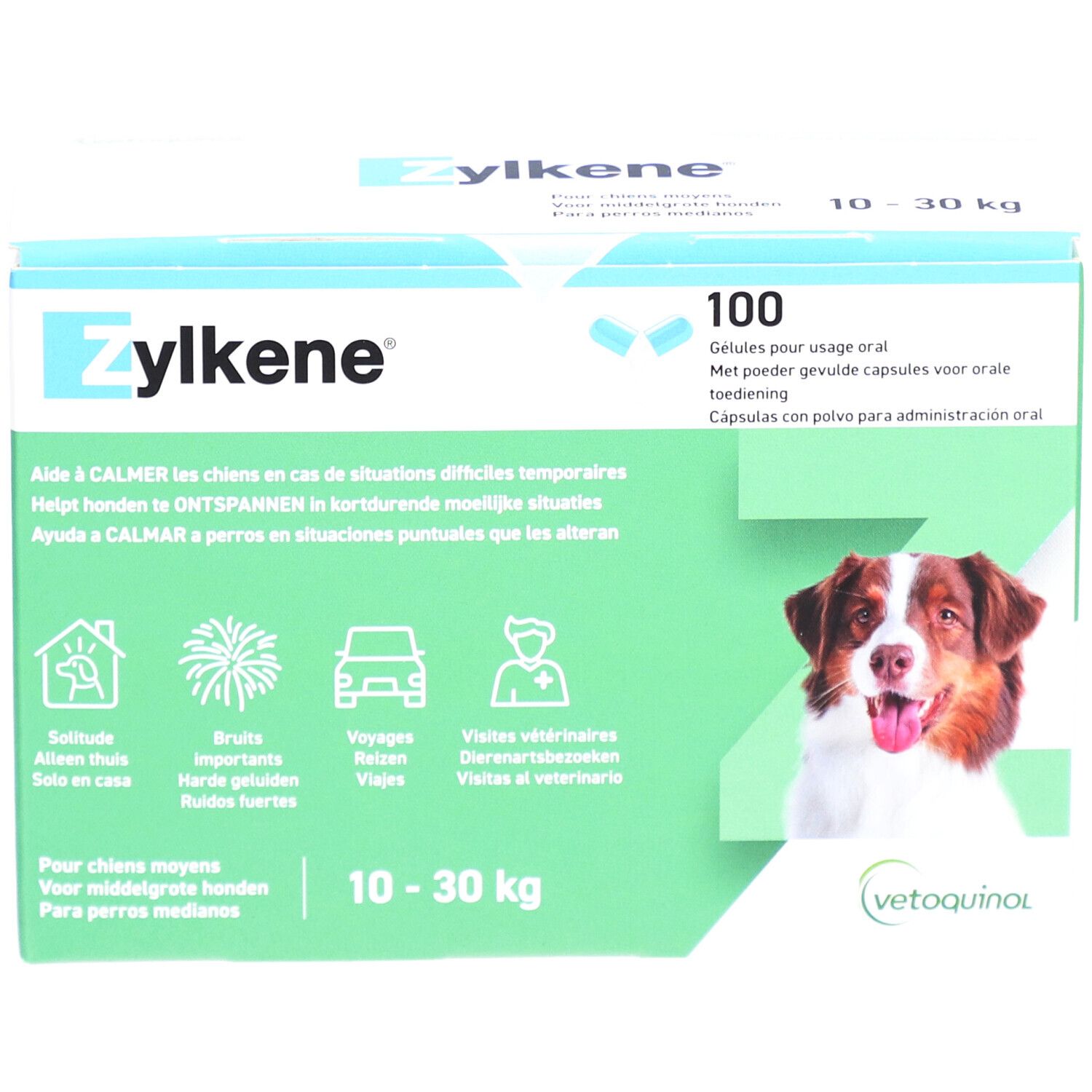 Zylkene-verpakking. 100 capsules. Opschrift: Helpt honden in moeilijke situaties. Gewicht: 10-30 kg. Afbeelding van een hond.