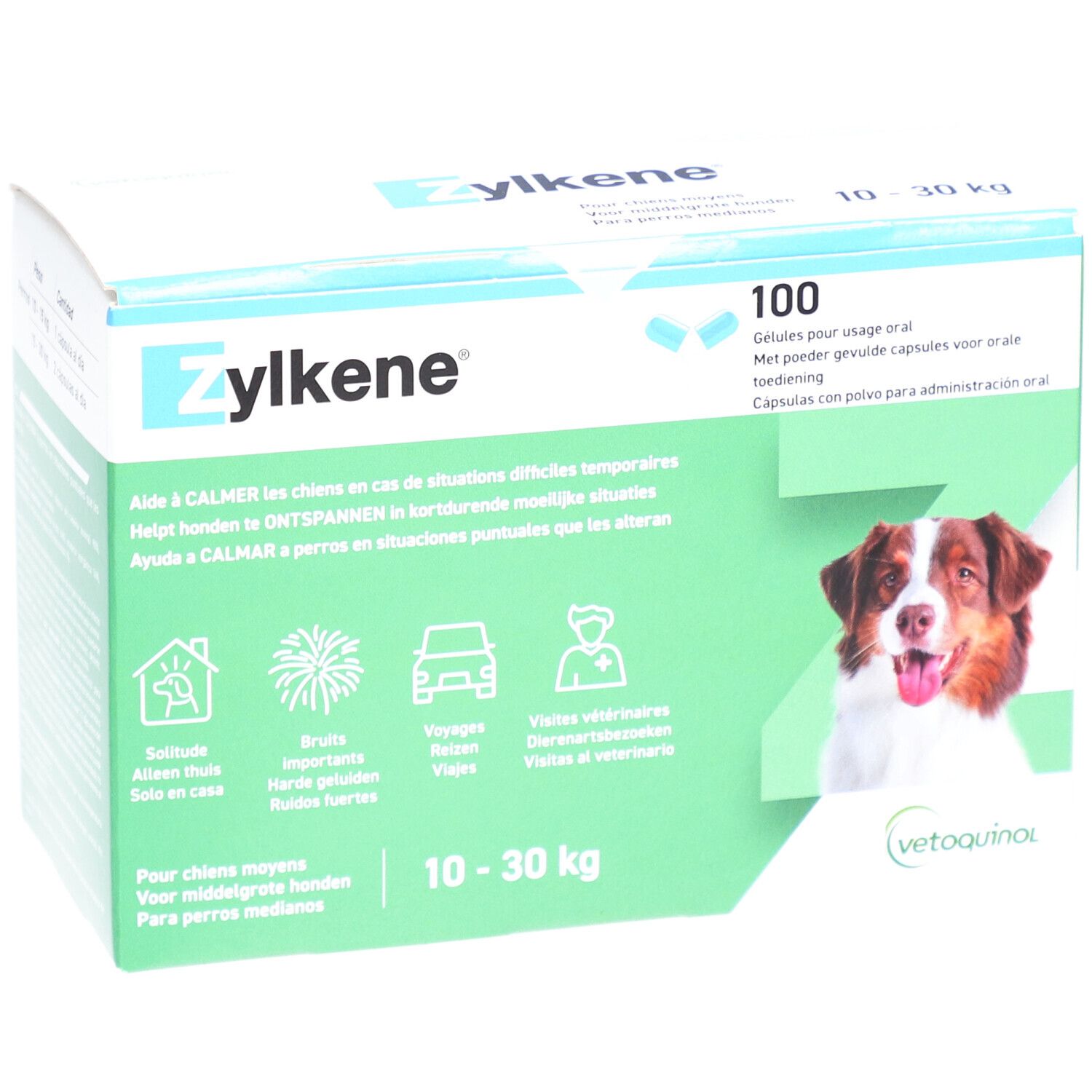 Zylkene-verpakking. 100 capsules. Opschrift: Helpt honden in moeilijke situaties. Gewicht: 10-30 kg. Afbeelding van een hond.