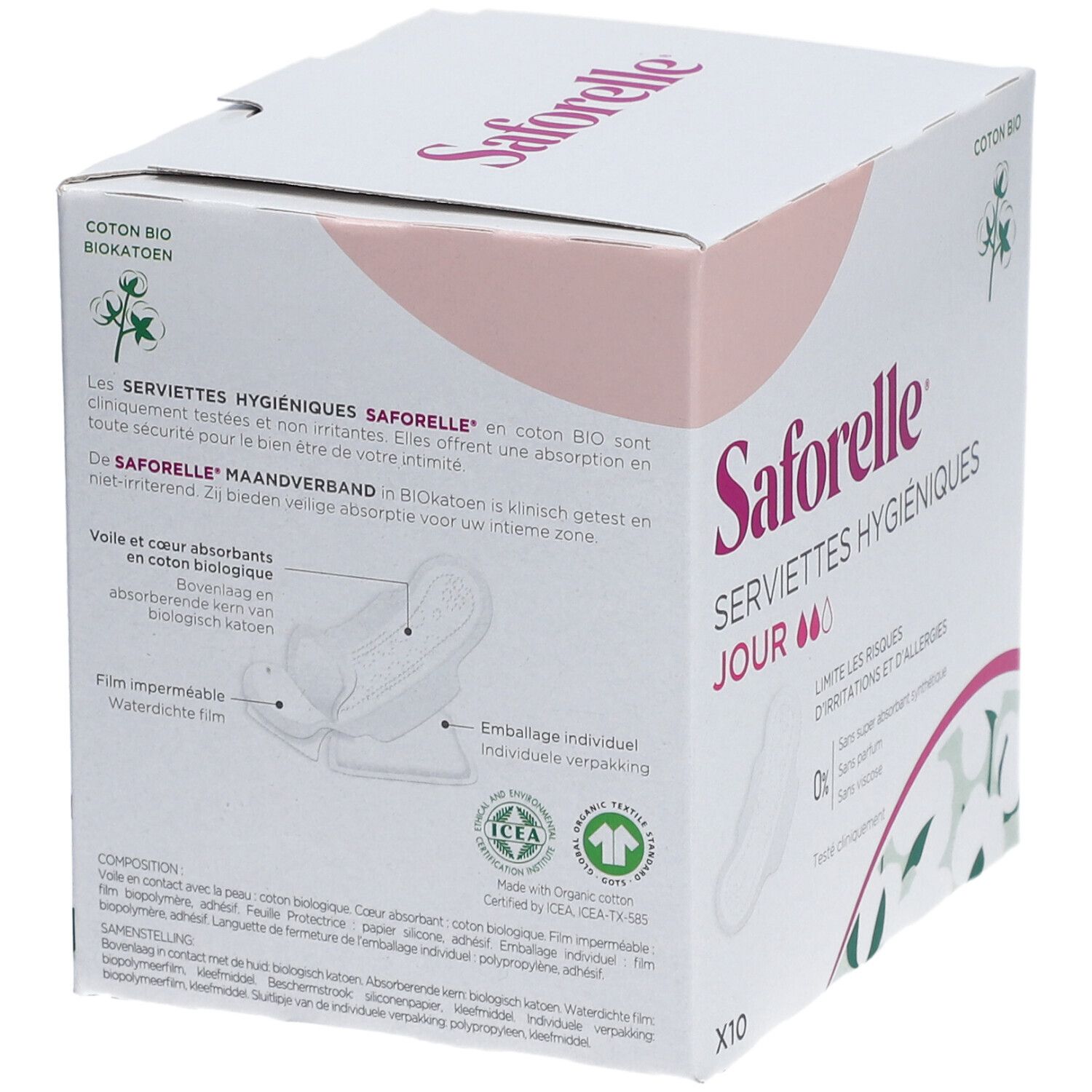 Schachtel mit Saforelle Servietten. Aufschrift: Servietten Hygiéniques Jour. X10. Einzelverpackung. Bio-Baumwolle.