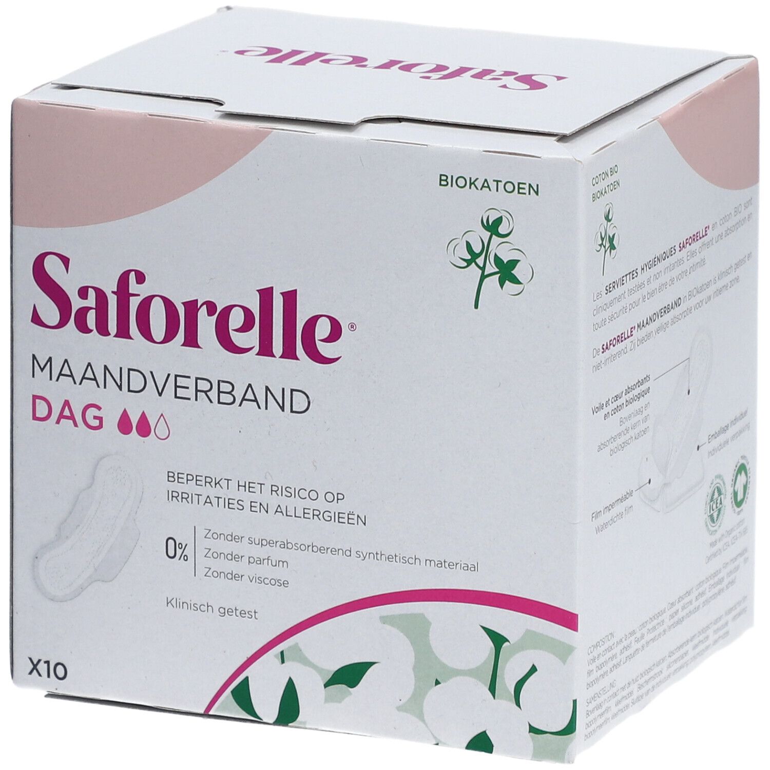 Schachtel mit Saforelle Maandverband Dag. Rosa und weißes Design. Aufschrift: Maandverband Dag. X10. Bio-Baumwolle.