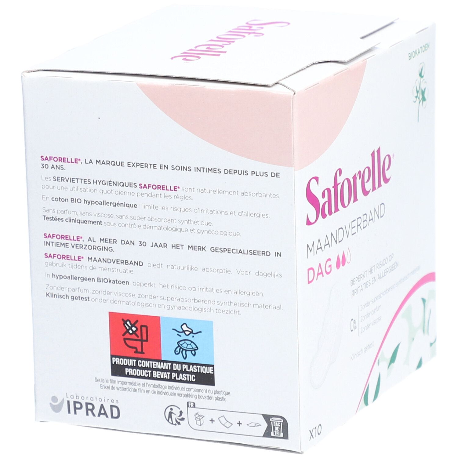 Schachtel mit Saforelle Maandverband Dag. Aufschrift: Maandverband Dag. X10. Bio-Baumwolle. Produkt enthält Kunststoff.