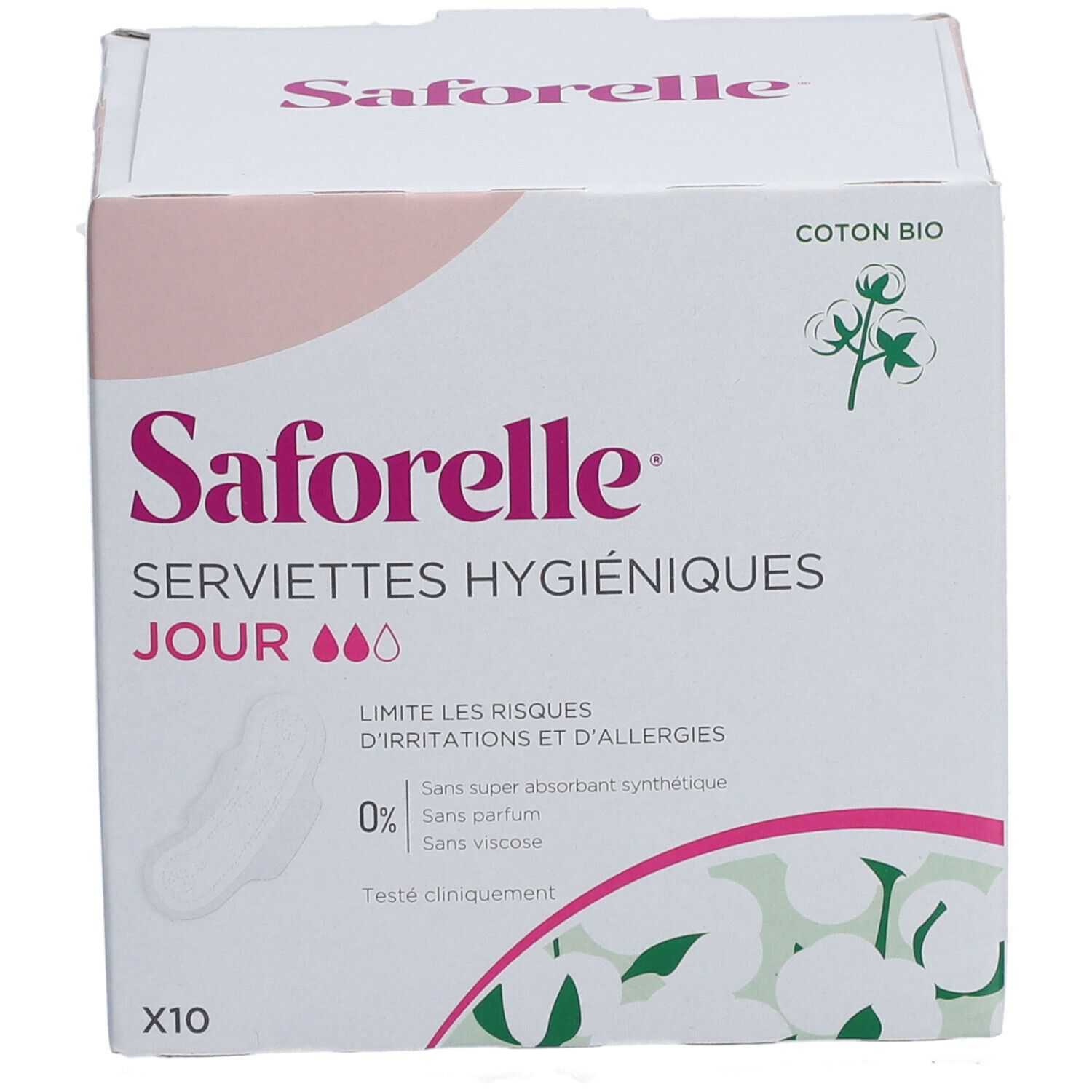 Schachtel mit Saforelle Servietten. Rosa und weißes Design. Aufschrift: Servietten Hygiéniques Jour. X10. Baumwolle.