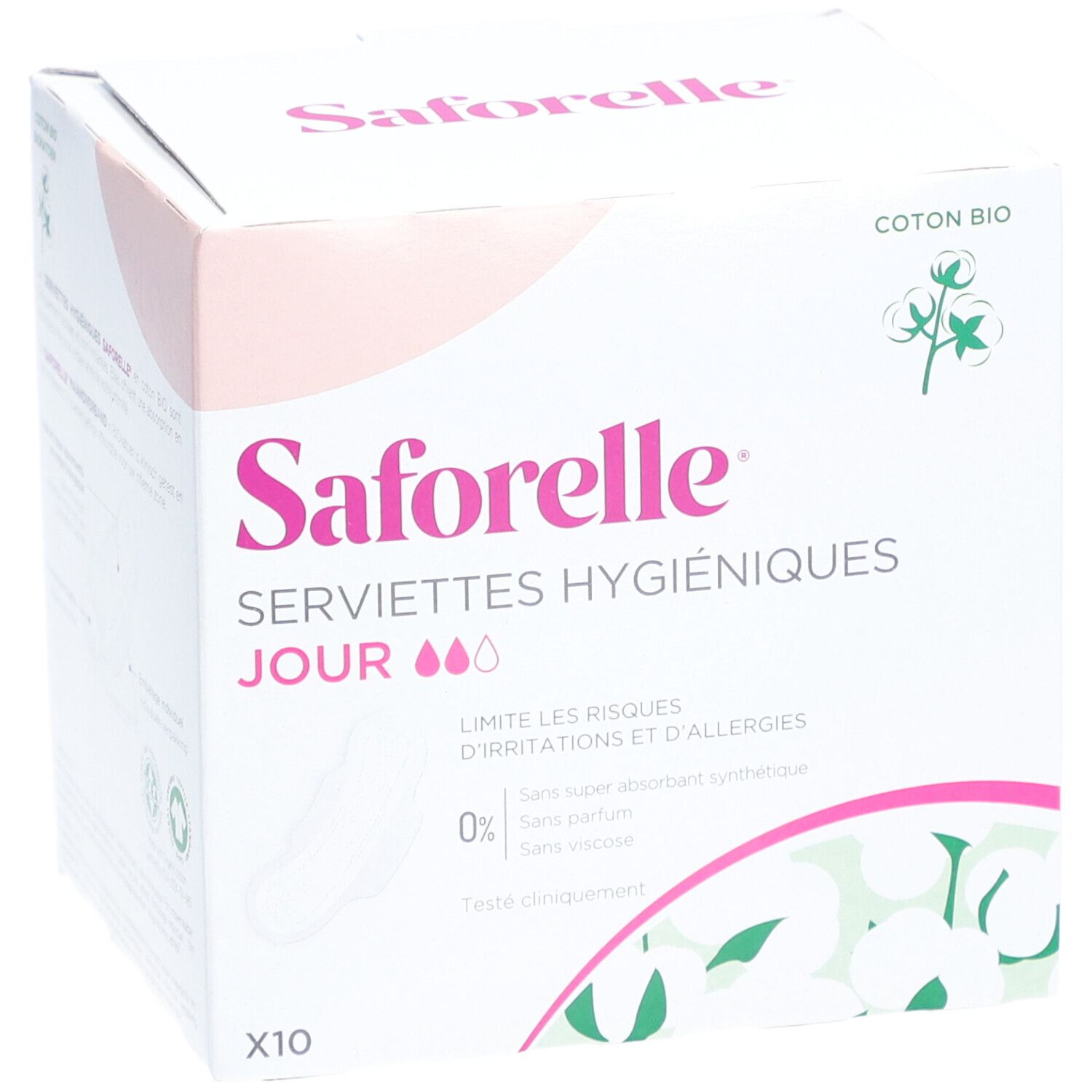 Schachtel mit Saforelle Servietten. Rosa und weißes Design. Aufschrift: Servietten Hygiéniques Jour. X10. Baumwolle.